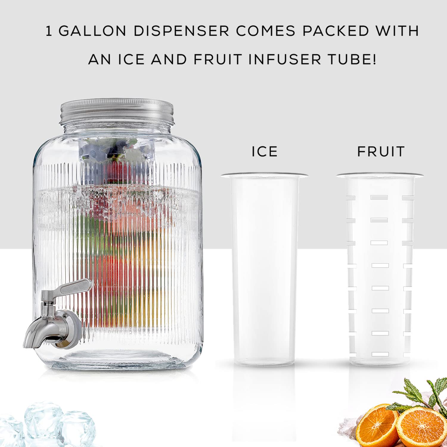Fluted 1-Gallon Drink Dispenser. Glass Beverage Dispenser with Stainless steel Spigot plus Ice Cylinder and Fruit Infuser! Water Dispenser, Lemonade Stand, Juice Container - Dispensers for Parties - Image 2