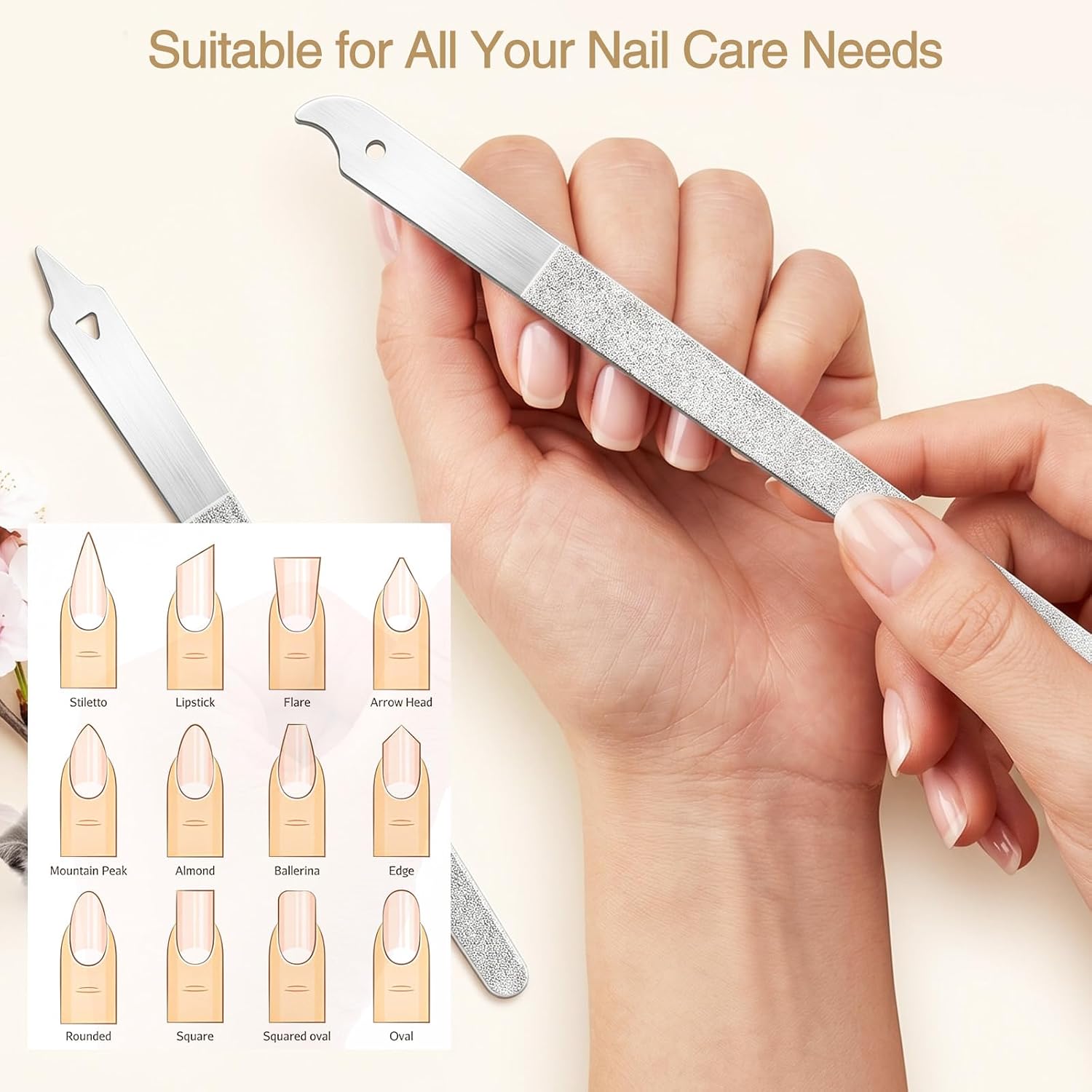 4Pcs Diamonds Deb Nail File Stainless Steel Buffers, Metal Nail File with Sharp Pointed Tip for Natural Nails Double-Sided Manicure Pedicure Toenail Tools for Salon and Home