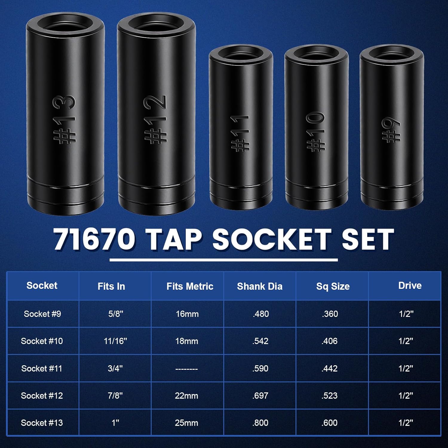 71670 Large Tap Socket Set, Socket Wrench Set with Vinyl Tap Holder, 5/8" to 1" & Metric, 1/2" Square Drive Taps Sockets Adapter for Tap and Die, Extensions, Tight Spaces