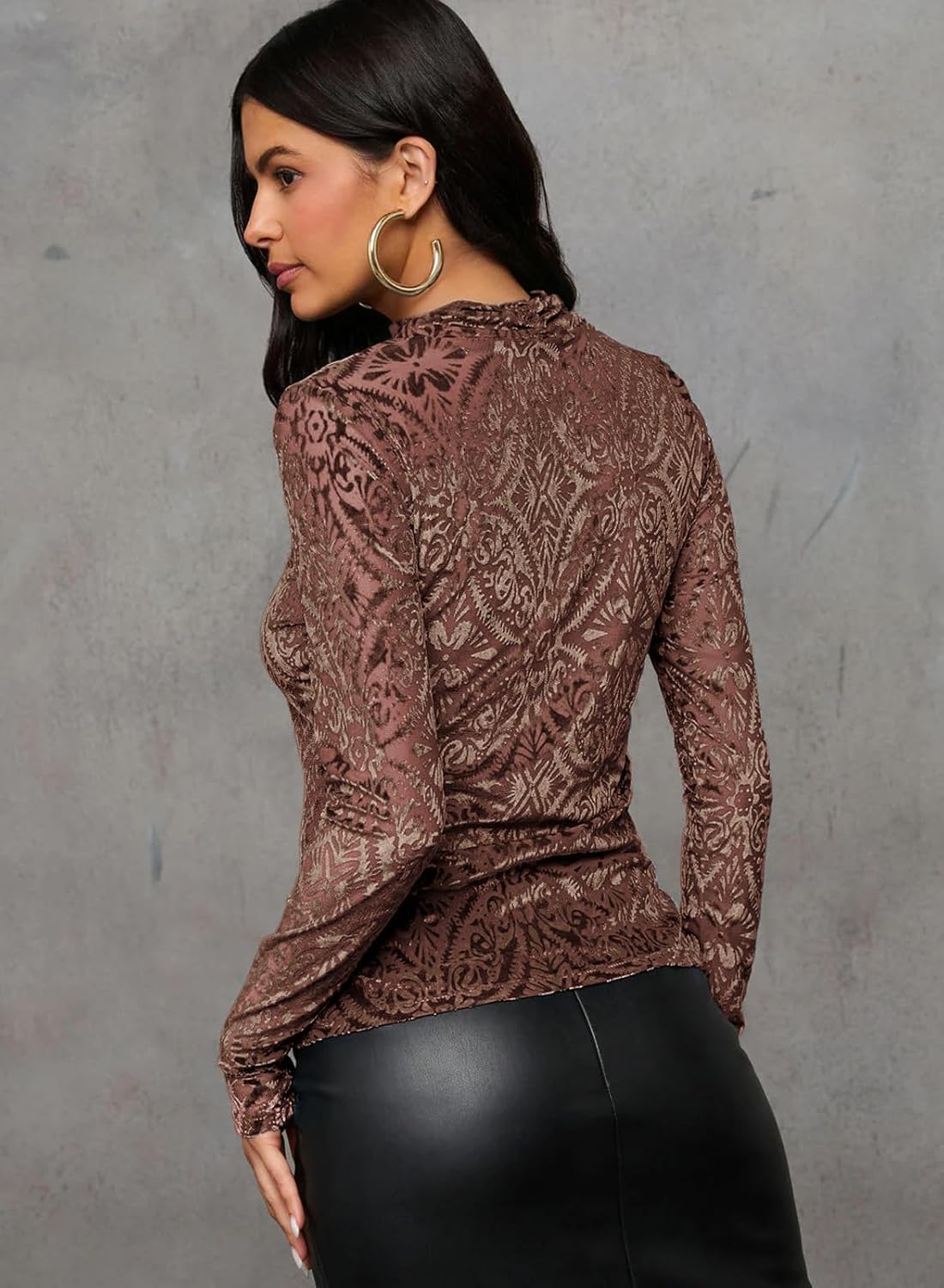 miduo Womens Velvet Burnout Top Crew Neck Long Sleeve Slim Fit Shirt Blouses Tops - Image 5