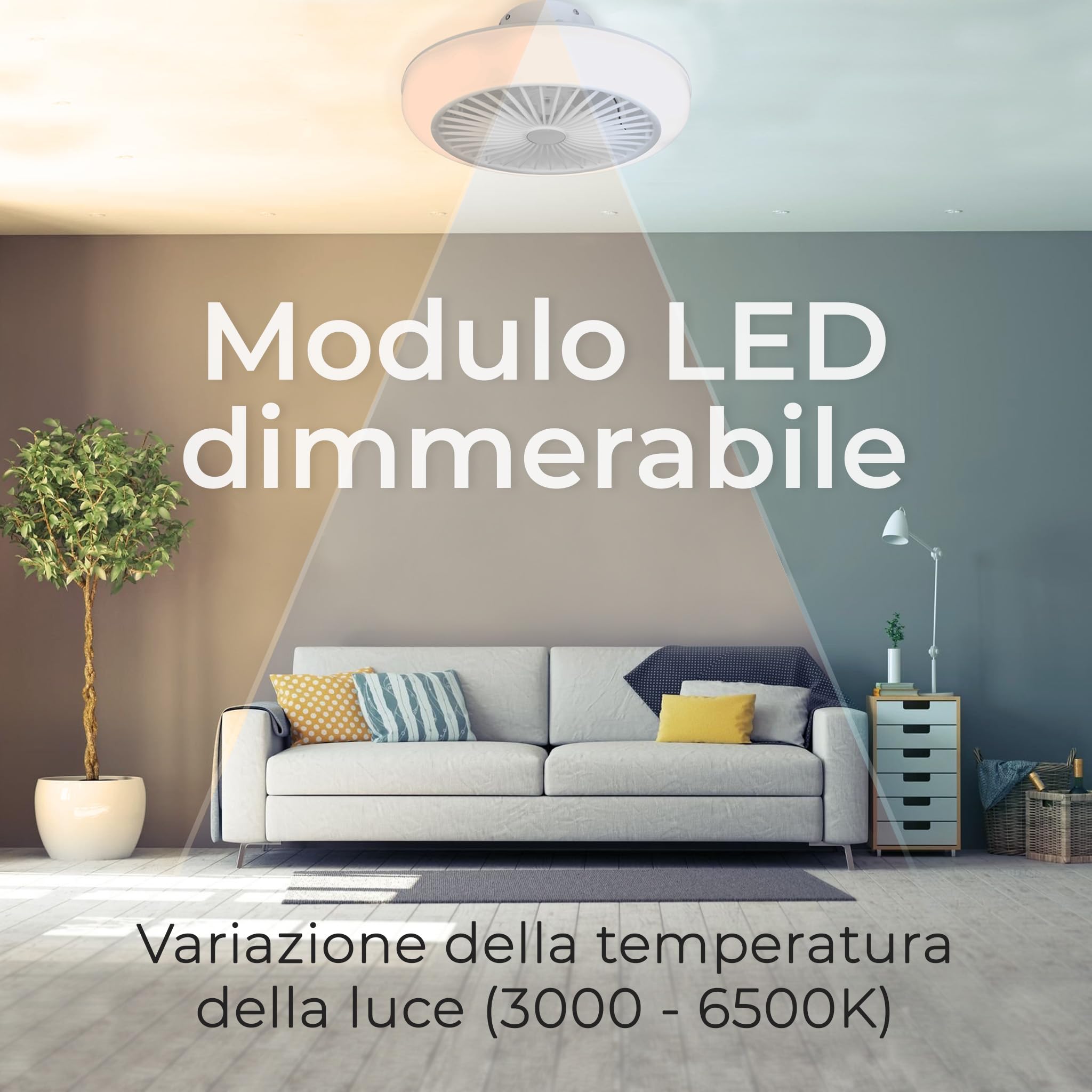 Noaton® Polaris bianco 11045W Ventilatore da soffitto, timer, paralume, telecomando, dimmerabile LED max 41 W, 3 temperature di colore, flusso d'aria fino a 60 m3/min, per camera da letto, diametro