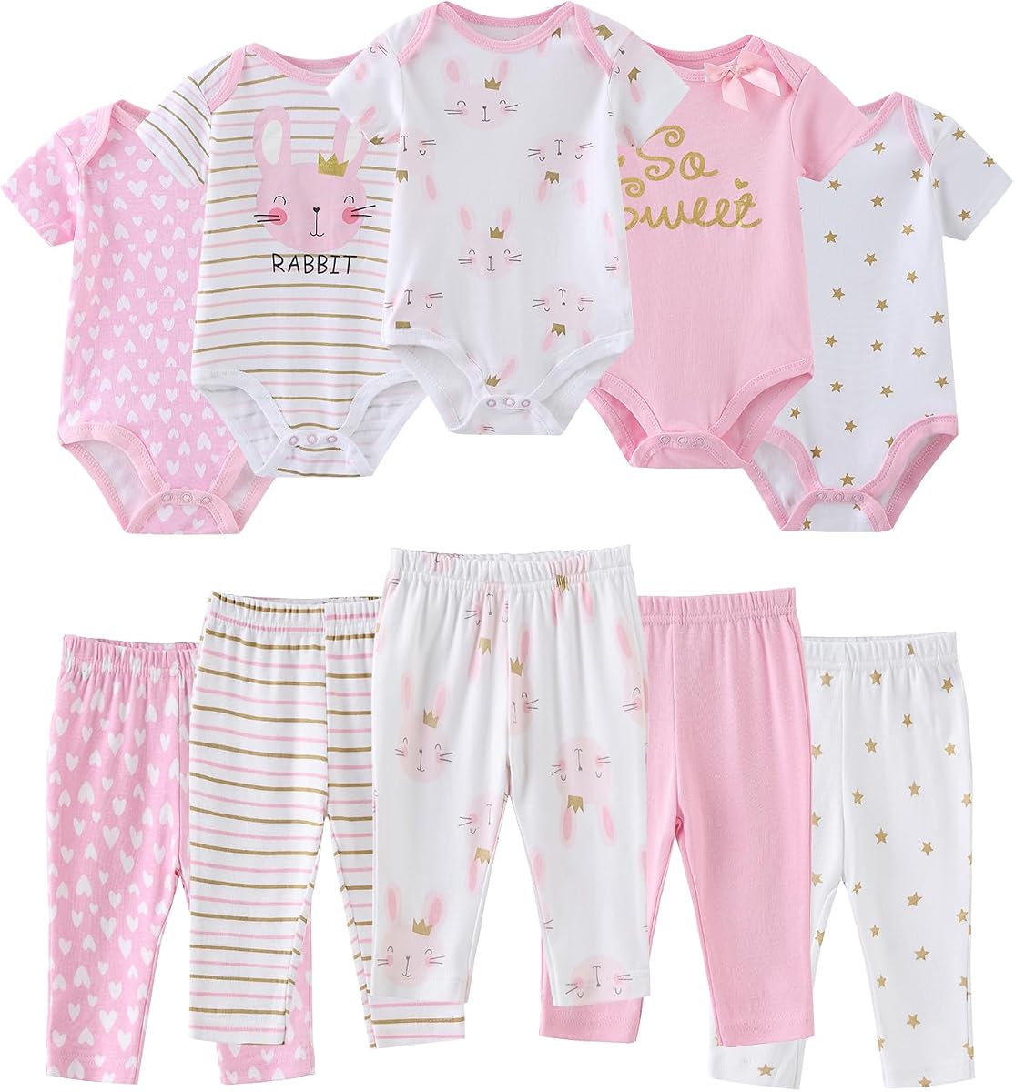 Ruliby Conjunto de mono y pantalón para bebé, 10 piezas, ropa suave de algodón para recién nacido | Ropa unisex 10 piezas, básica diaria.