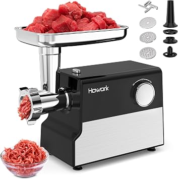 HOWORK Electric Meat Grinder With Blades, 3 Plates, Sausage Tube & Kubbe Kit, Powerful Motor 2000W Max 300W rated,Heavy Duty for Home Use,Black