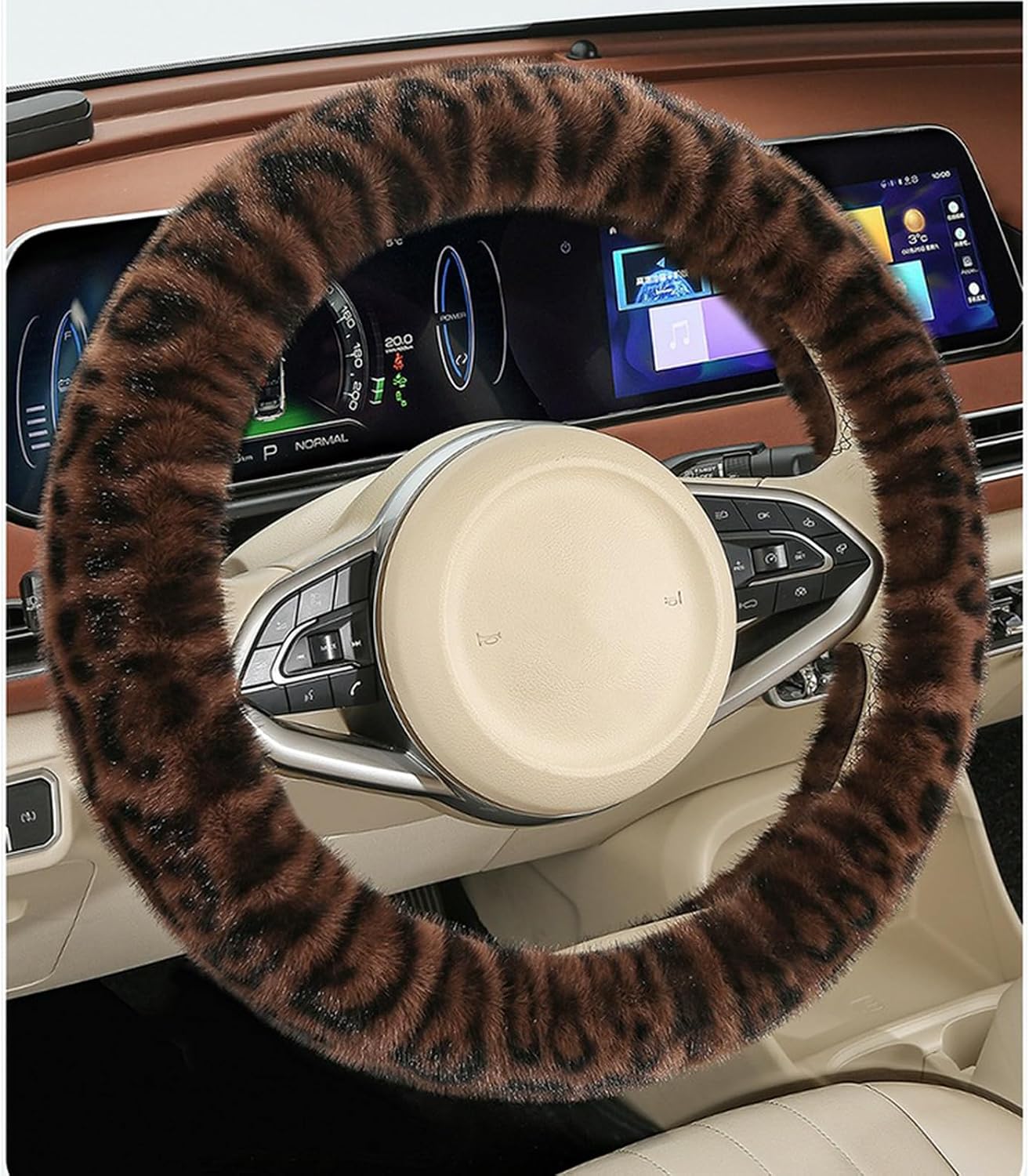 Leopard Print Car Steering Wheel Cover with Anti-Slip Rubber Ring Winter Warm Plush Auto Accessories Universal 15 Inch(O-Coffee)