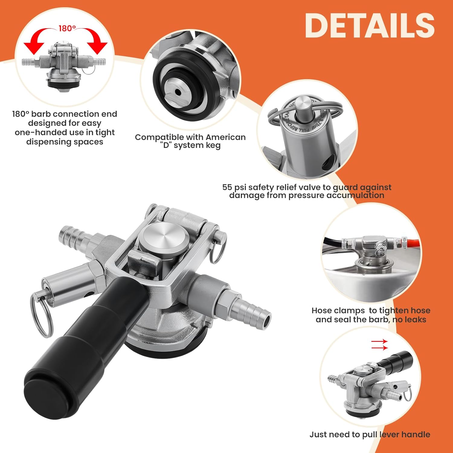 Roastove Low Profile Keg Coupler, 304 Stainless Steel D System Keg Coupler with Safety Pressure Relief Valve and Hose Clamp