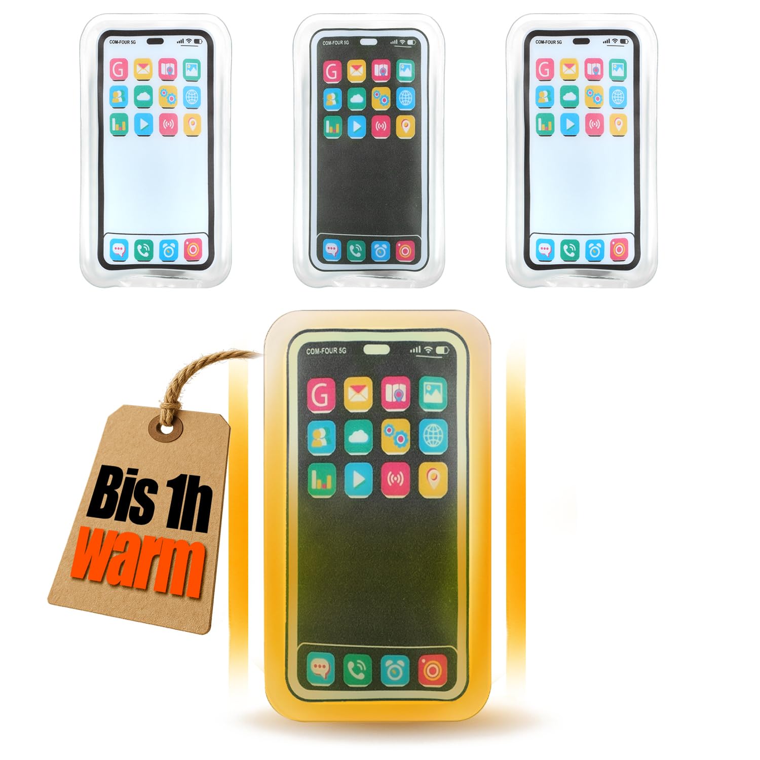 com-four® 4X Taschenwärmer wiederverwendbar - Handwärmer im Handy Design - Wärmepad für kalte Tage und für unterwegs - Wärmeknickkissen Smartphone