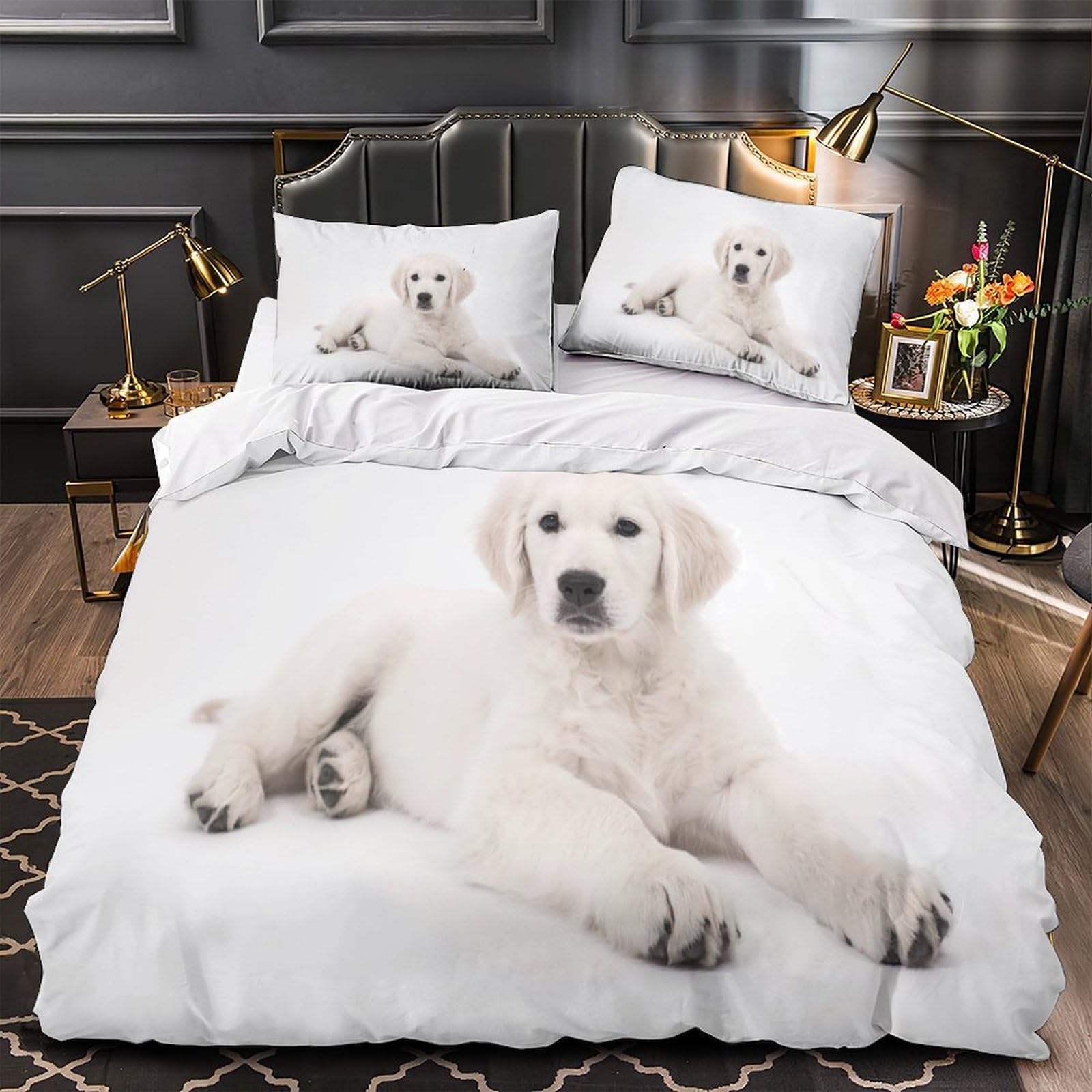 Parure de lit chiot mignon 3D en microfibre blanche douce 135x200 cm
