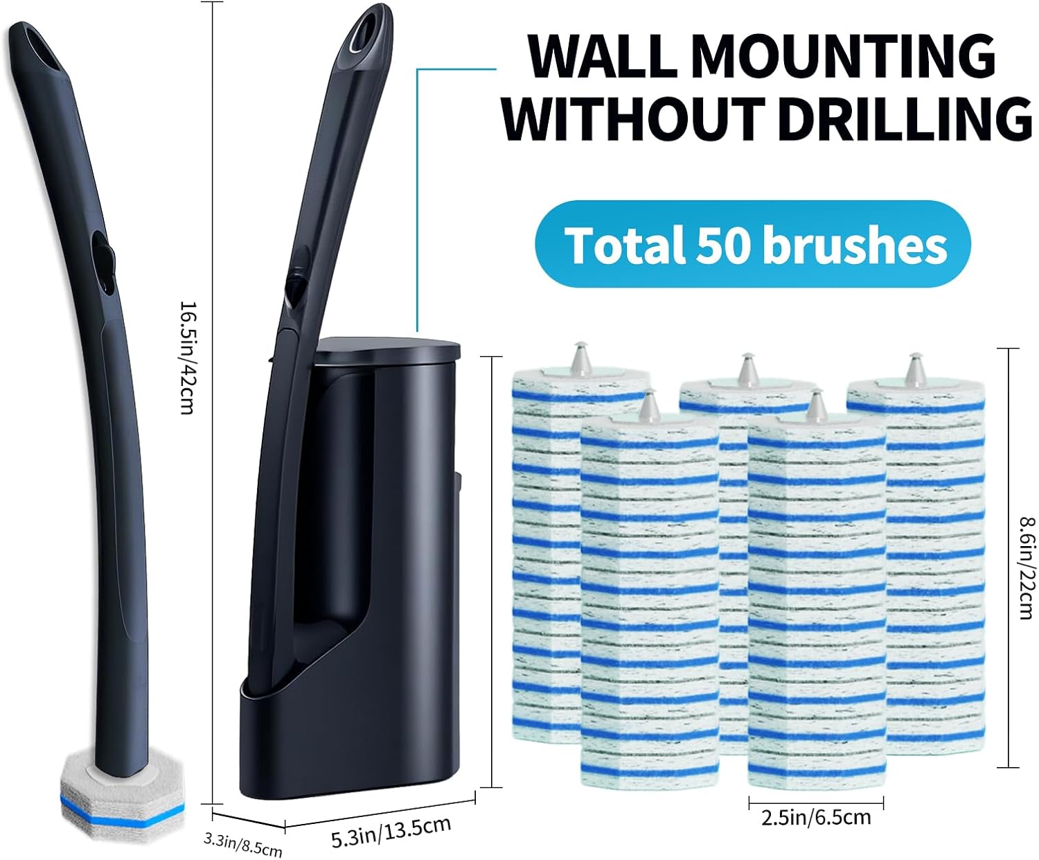 Disposable Toilet Brush with 50 Cleaner Refills Pads，Wall Mounted Toilet Bowl Holder Set，Toilet Cleaning System Starter Kit，Bathroom Cleaning System for Sink Bathtub Wash Basin thumbnail
