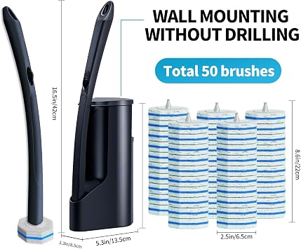 Disposable Toilet Brush with 50 Cleaner Refills Pads,Wall Mounted Toilet Bowl Holder Set,Toilet Cleaning System Starter Kit,Bathroom Cleaning System for Sink Bathtub Wash Basin