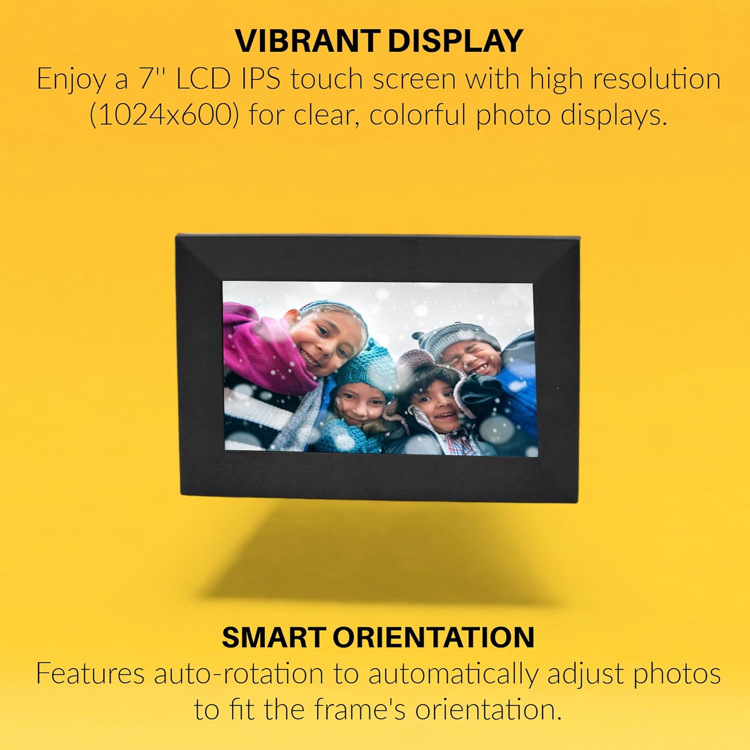 ONN 7-inch Wi-Fi Digital Picture Frame highlighting 'VIBRANT DISPLAY' and 'SMART ORIENTATION' features.