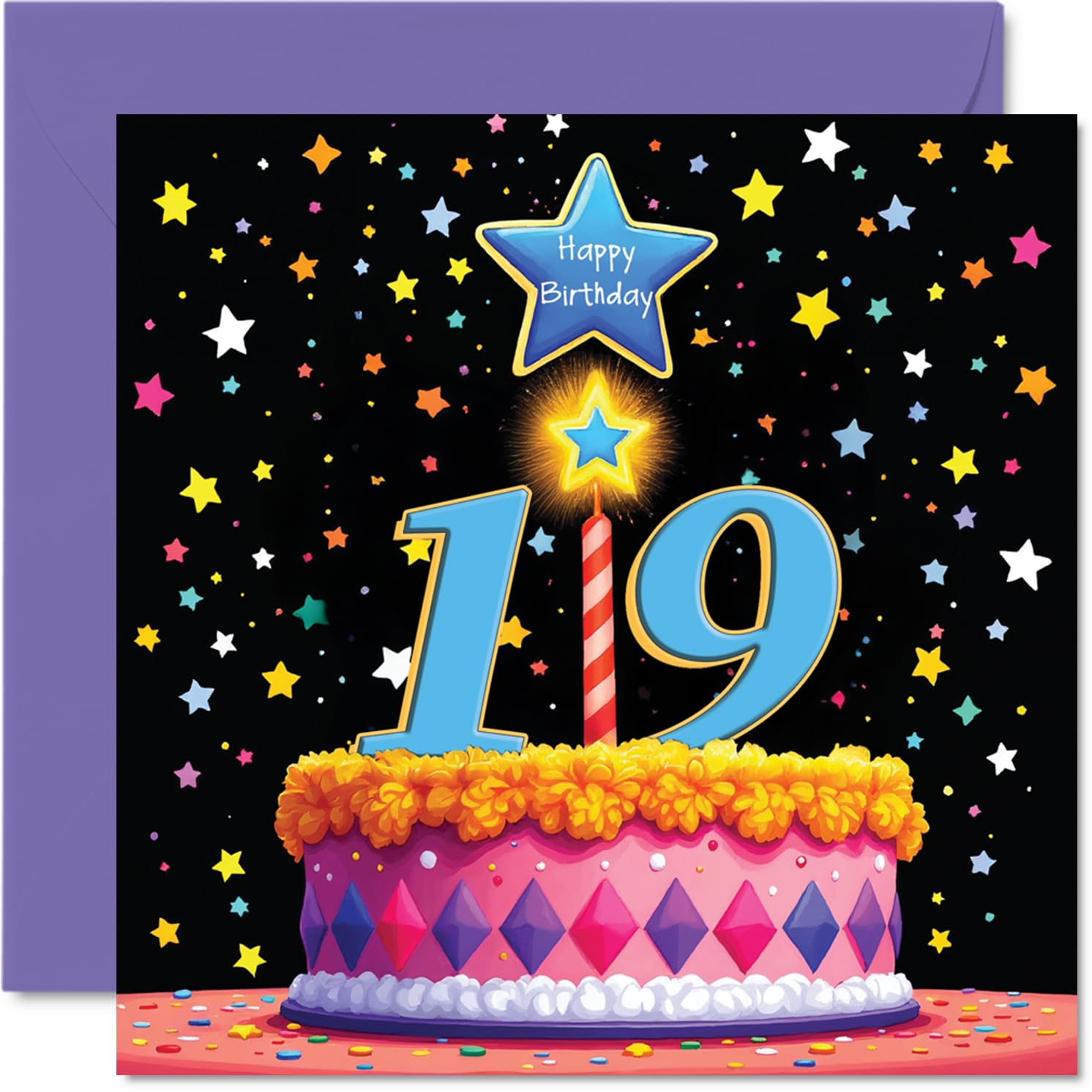 19th Birthday Cards for Women and Men, Pink Cake & Stars