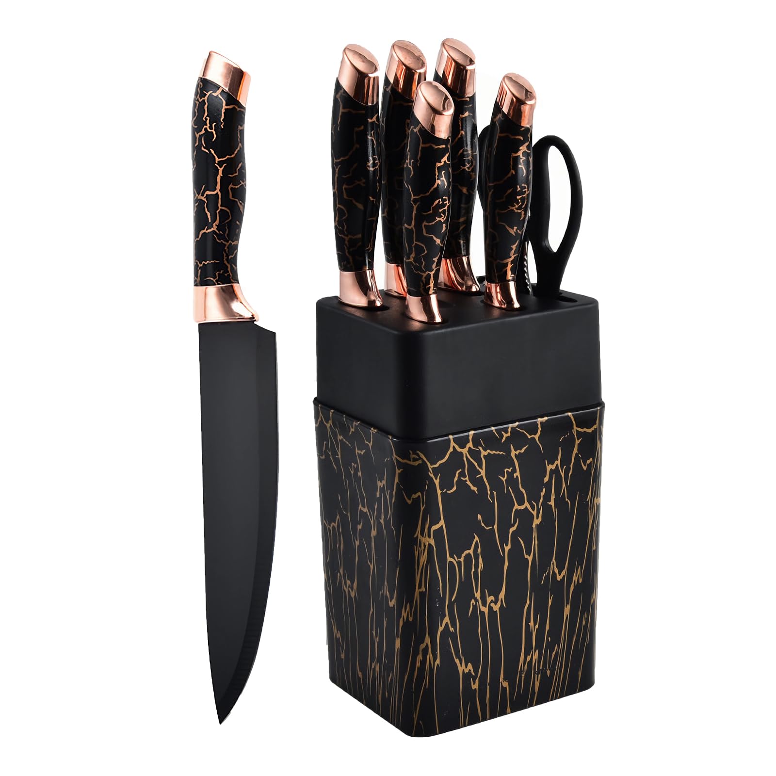 Knife Set, 7 PCS Stainless Steel Kitchen Knife Block Set with Built in Knife Sharpener, Black Non...