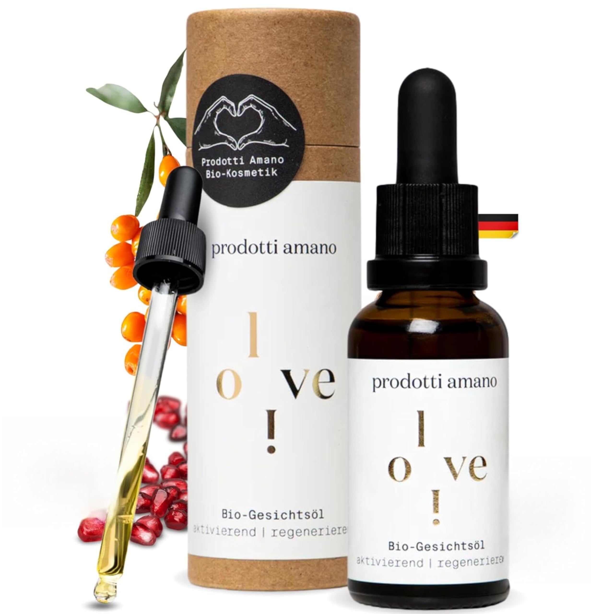 Prodotti Amano Gesichtsöl 30ml, 100% Organic Face Oil für Damen & Herren | Regenerierend & schnell einziehend, Anti Aging Bio Öl mit Vitamin E für alle Hauttypen, Vegan, Ohne Silikone & Parabene