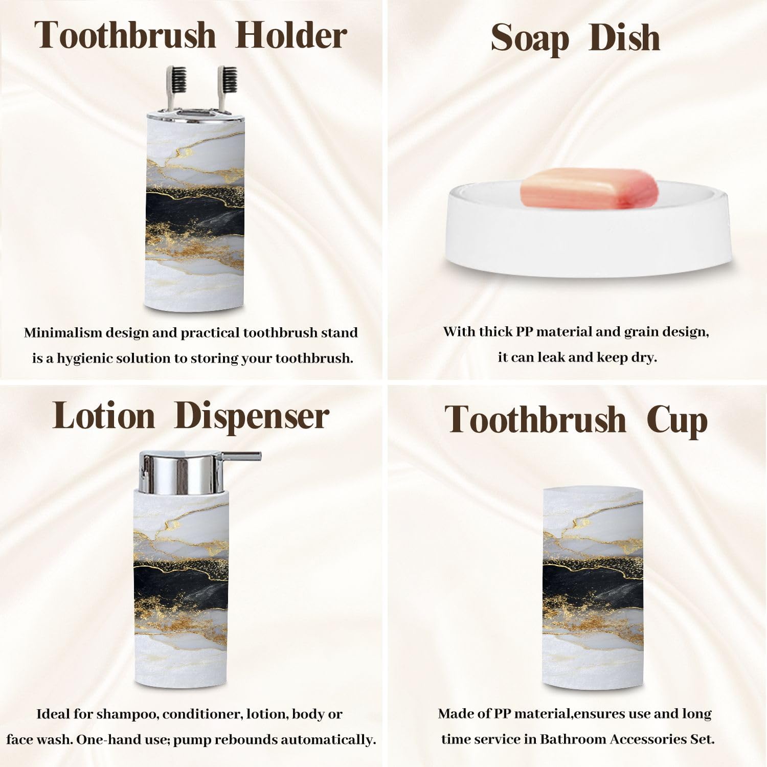 Bathroom Accessory Set 6 Piece Abstract Texture Artificial Black White Marble Gold Veins Trash can, Toothbrush Holder, Soap Dispenser, Soap Dish, Toothbrush Cup, Toilet Brush Holder