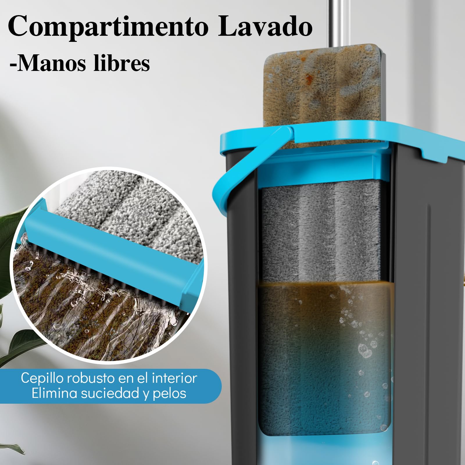 MASTERTOP Mopa Fregona y Cubo Escurridor para Limpieza Suelos Mopa Plana Microfibra con Cubo Dos Compartimentos y 4 Almohadillas Reutilizables para Madera Parquet Azulejo (Gris Oscuro)