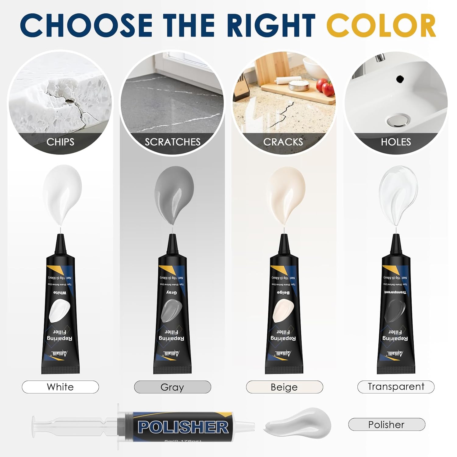 Quartz Countertop Repair Kit, Granite & Marble Repair Kit with 4*15g Filler(White,Beige, Gray,Clear), 30s Fast Repair Chip, Hole, Scratch, Crack on Fiberglass, Porcelain, Ceramic Tile, Bath Tub, Sink - Image 3