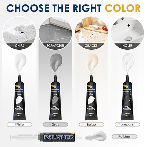 Miniatura 3 de Kit de reparación de encimera de cuarzo, kit de reparación de granito y mármol con 4 rellenos de 0.59 oz (blanco, beige, gris, transparente), chip