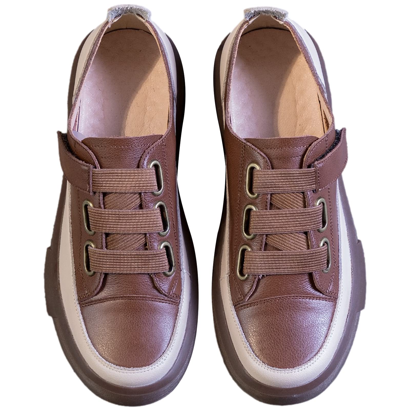 Damen Retro Stil Low Top Sneaker aus Echtem Leder Weicher Sohle Loafer Schuhe mit Klettverschluss