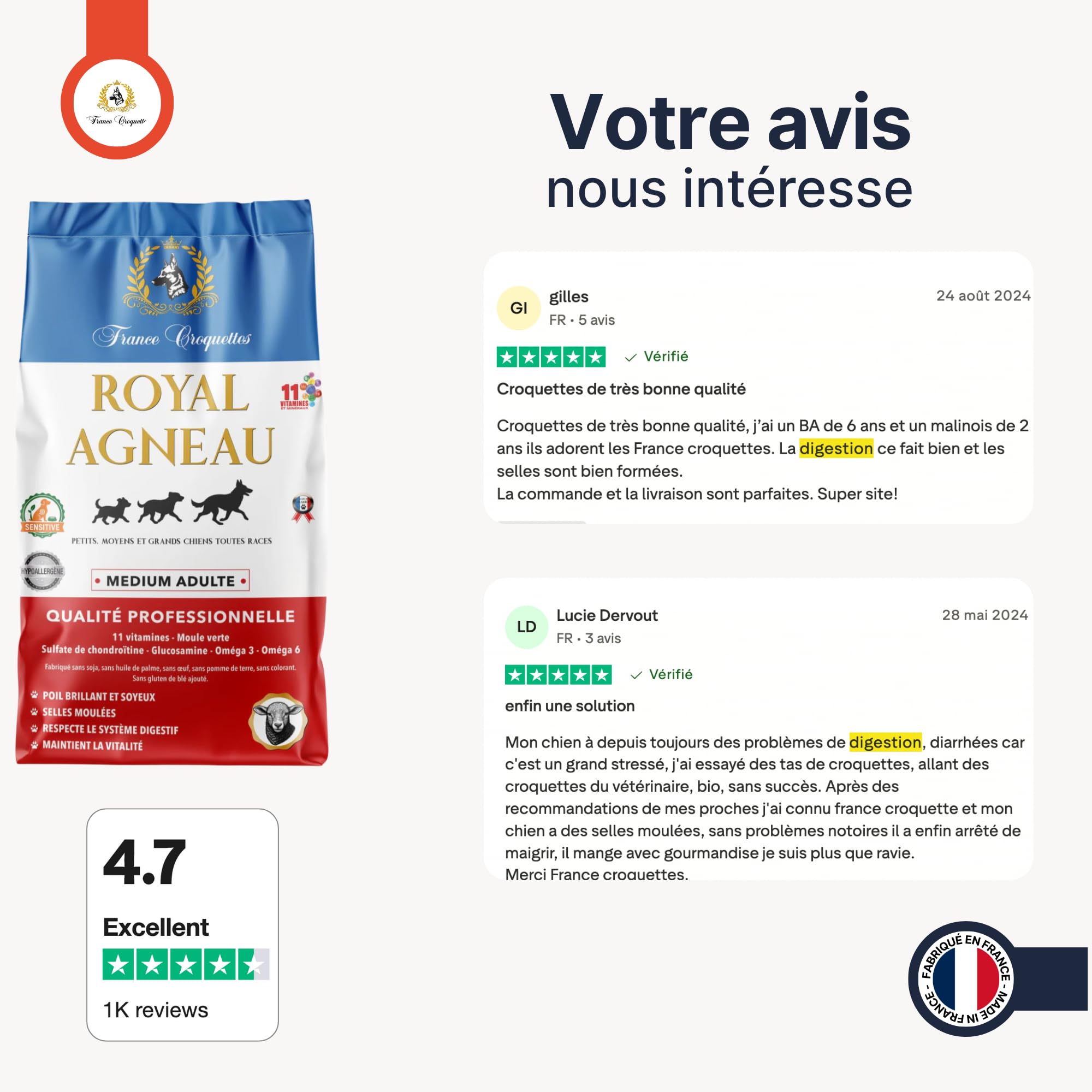 Croquettes hypoallergéniques Chien Adulte France Croquettes Royal Agneau – sans blé, hautement digestes, Riches en protéines, avec prébiotiques & probiotiques pour Flore intestinale Saine - 12KG