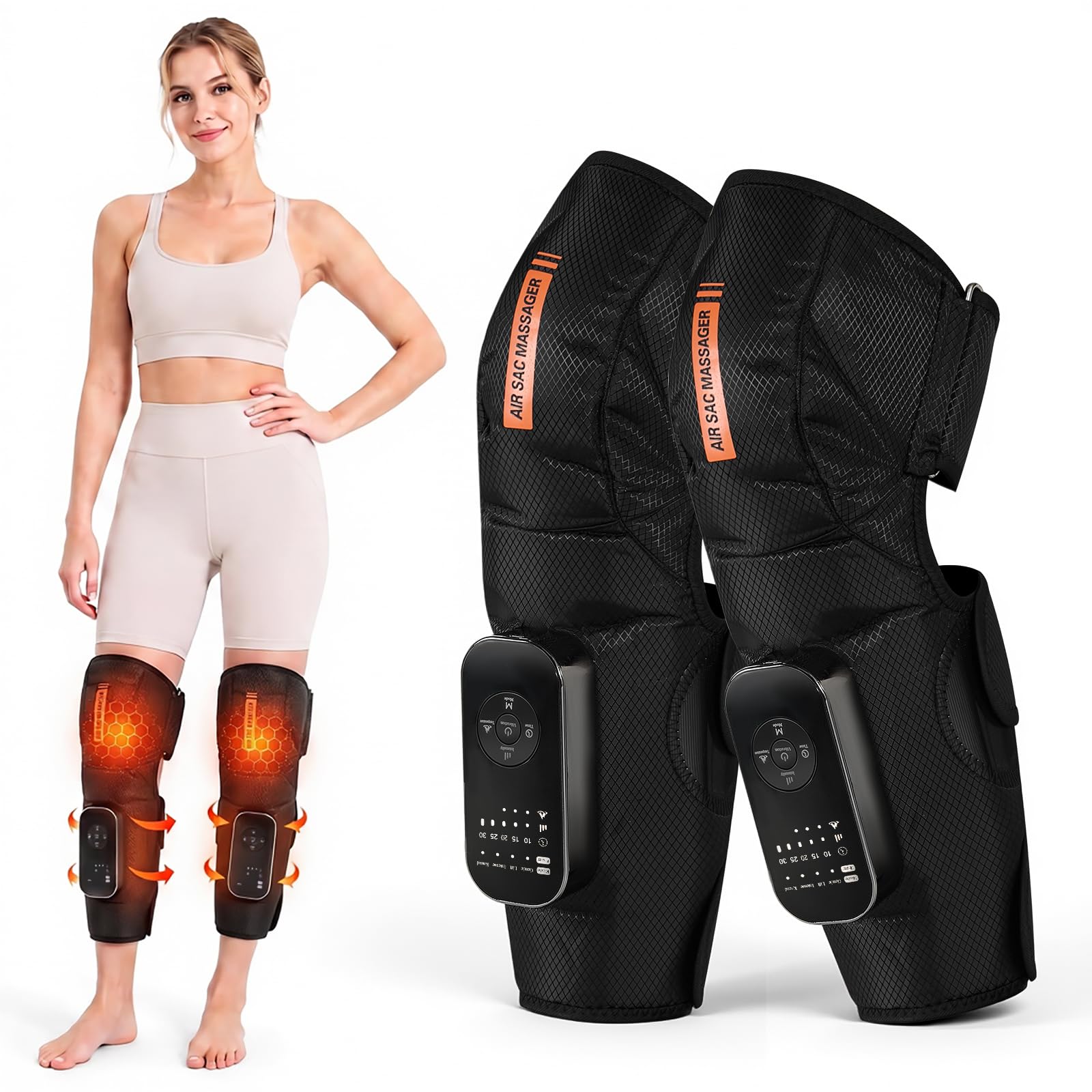 Kabelloses Beinmassagegerät mit Heizung, 2 Airbags Luftkompressionsmassage für Oberschenkel Knie Waden, 4 Modi 5 Intensitäten 3 Heizstufen, EMS-Vibration, HD-Bildschirm, 2500mAh Akku