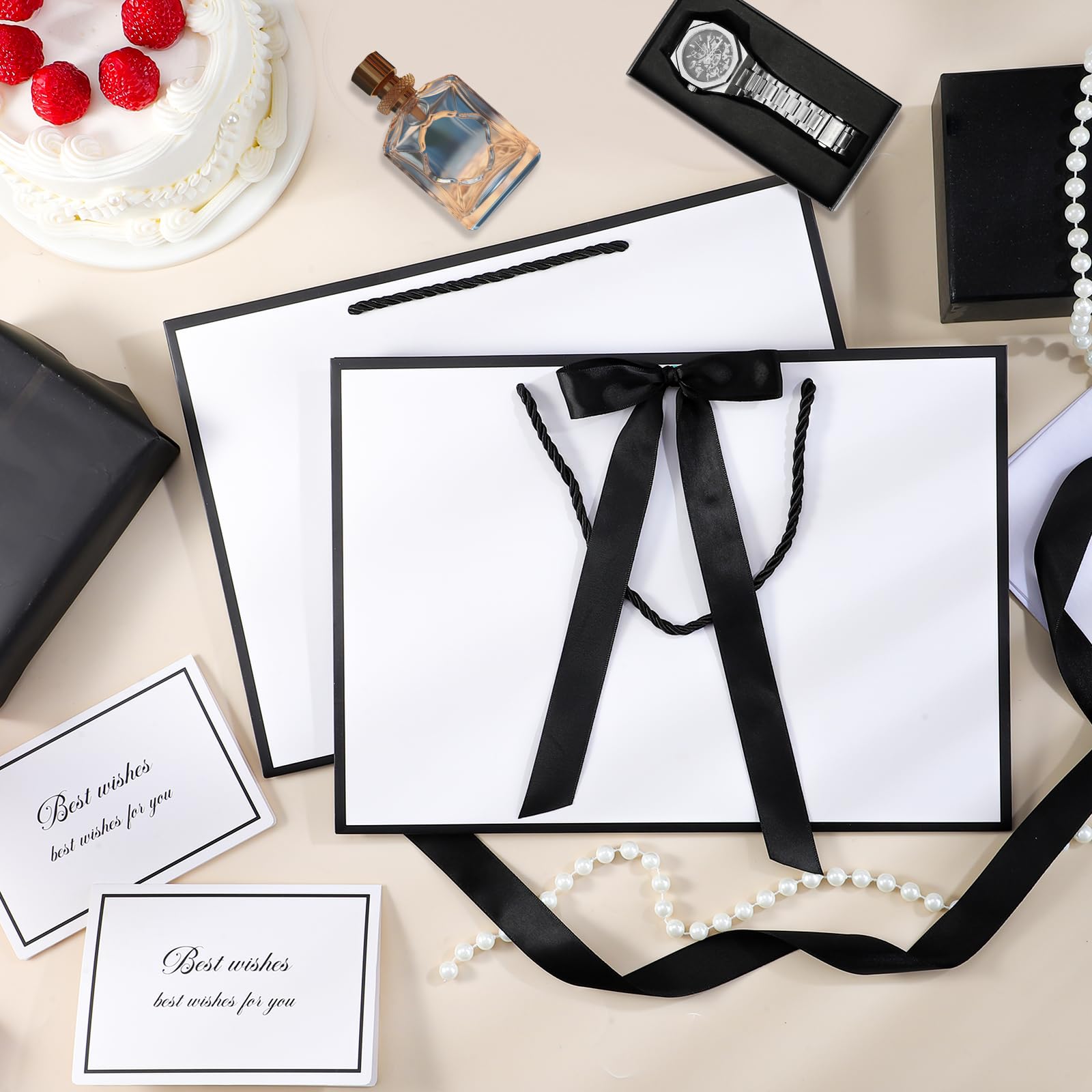 woric White Gift Bags with Handles, 14" Medium Gift Bag with Tissue Paper, 2 Pcs Gift Bags with 4 Tissue Paper and 2 Cards for Graduation Father's Day Wedding Bridal Shower Birthday Party