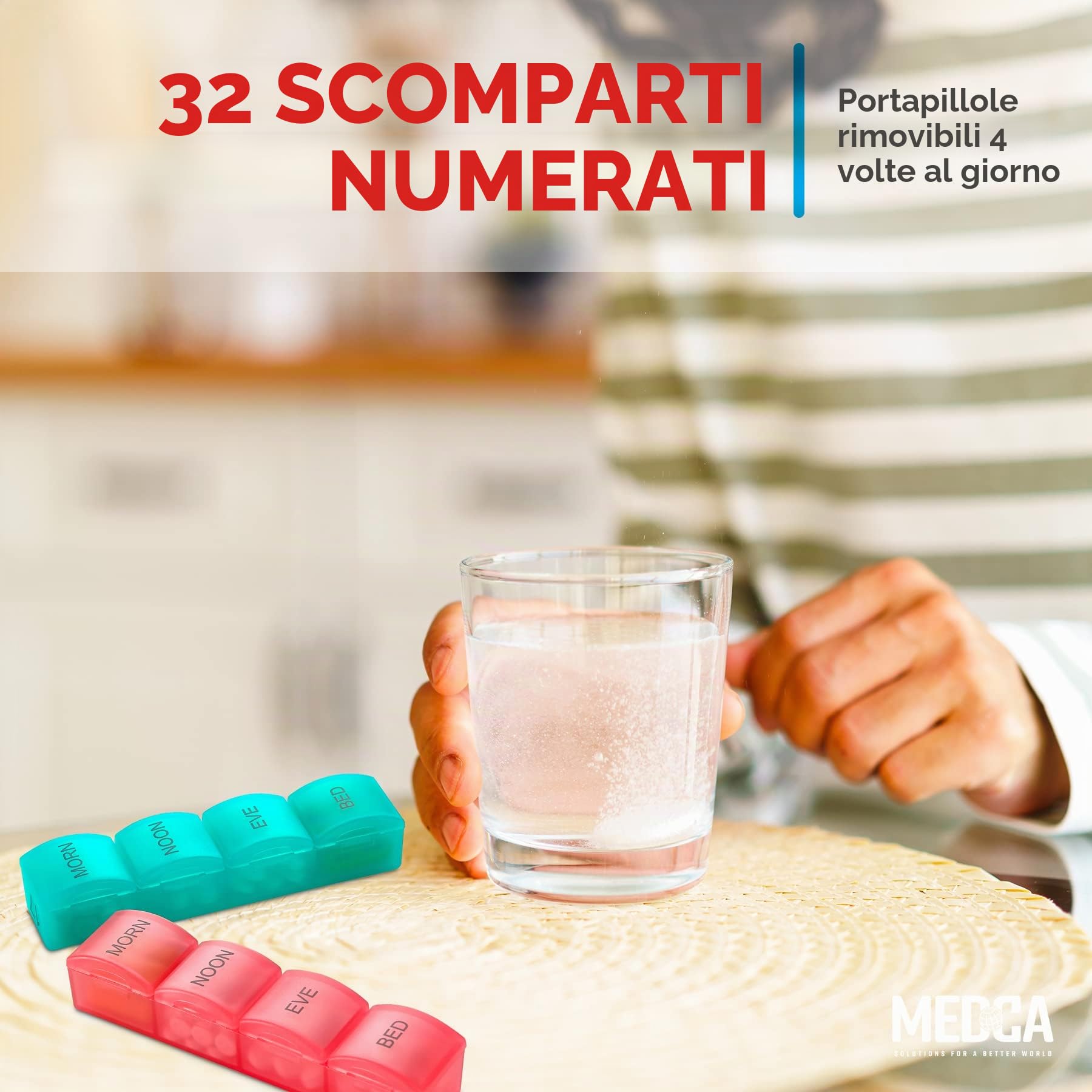 Organizzatore Portapillole Mese - 4 Volte Al Giorno Mattina-Mezzogiorno-Sera-Notte - Grandi 32 Portapillole Giornalieri con Scomparti per Vitamine, Integratori