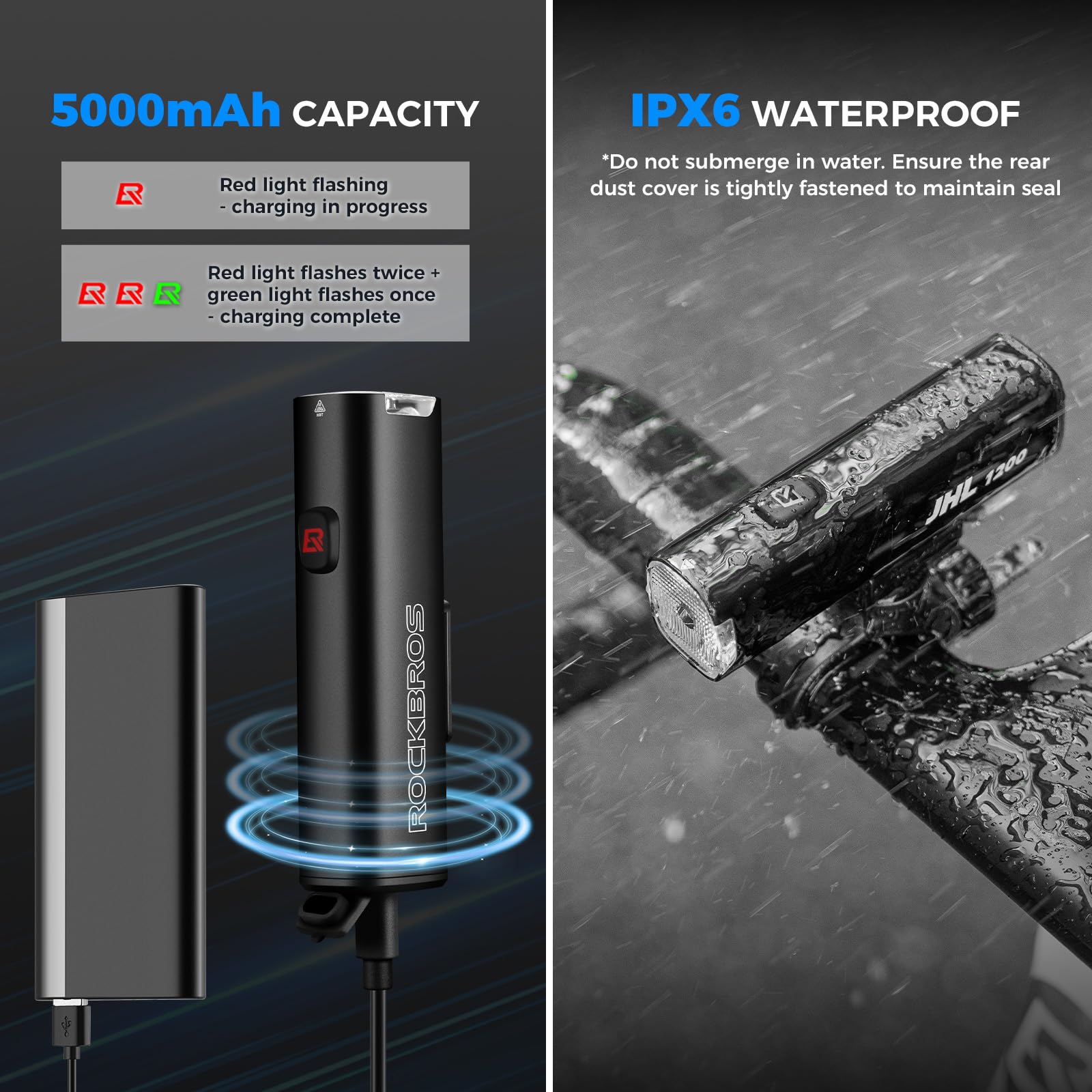 ROCKBROS Luce Bici Luce Bicicletta Anteriore LED 1200 Lumens con 4 modalità di Illuminazione, Ricaricabile USB Batteria 5000 mAh, Impermeabile IPX6, Fanali per Bici da Corsa MTB Ciclismo