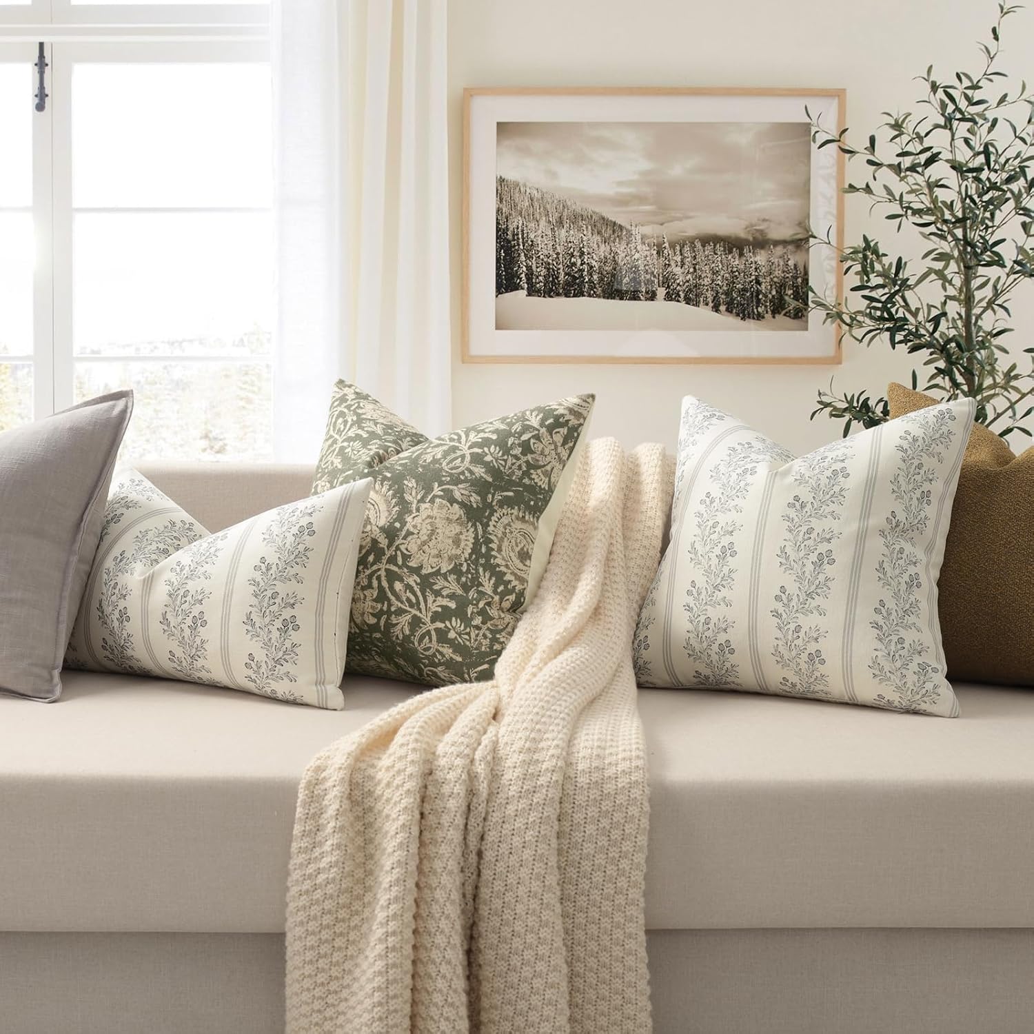 Vintage Throw Pillow Covers 18x18 Set of 2, Striped Floral Pillow Cover Botanical Patterned Decorative Cushion Covers Modern Farmhouse Home Decor for Sofa Couch Bed Living Room, Quiet Gray