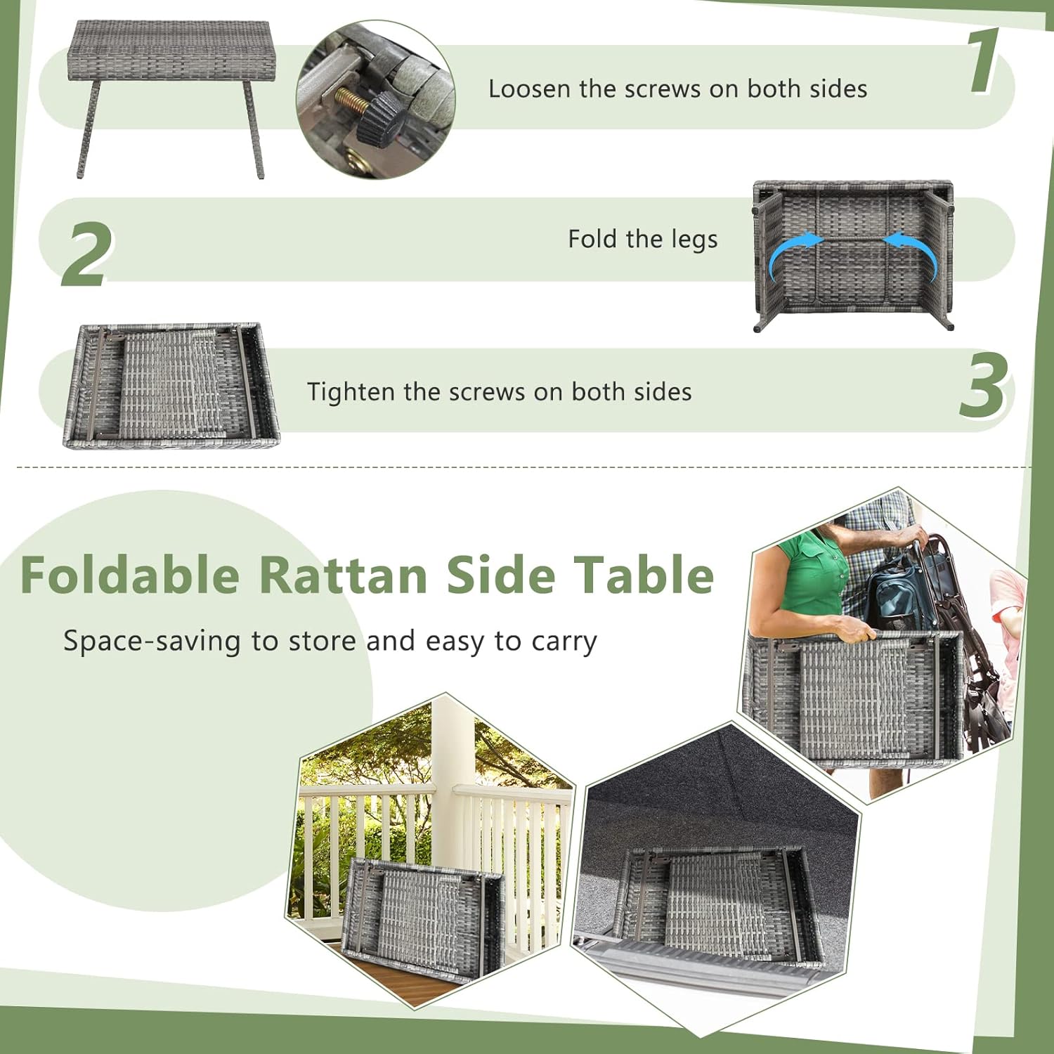 Outdoor Side Table for Patio, Folding PE Rattan End Table with Metal Frame, Portable Wicker Coffee Table for Garden Porch Balcony Deck Poolside (Grey)