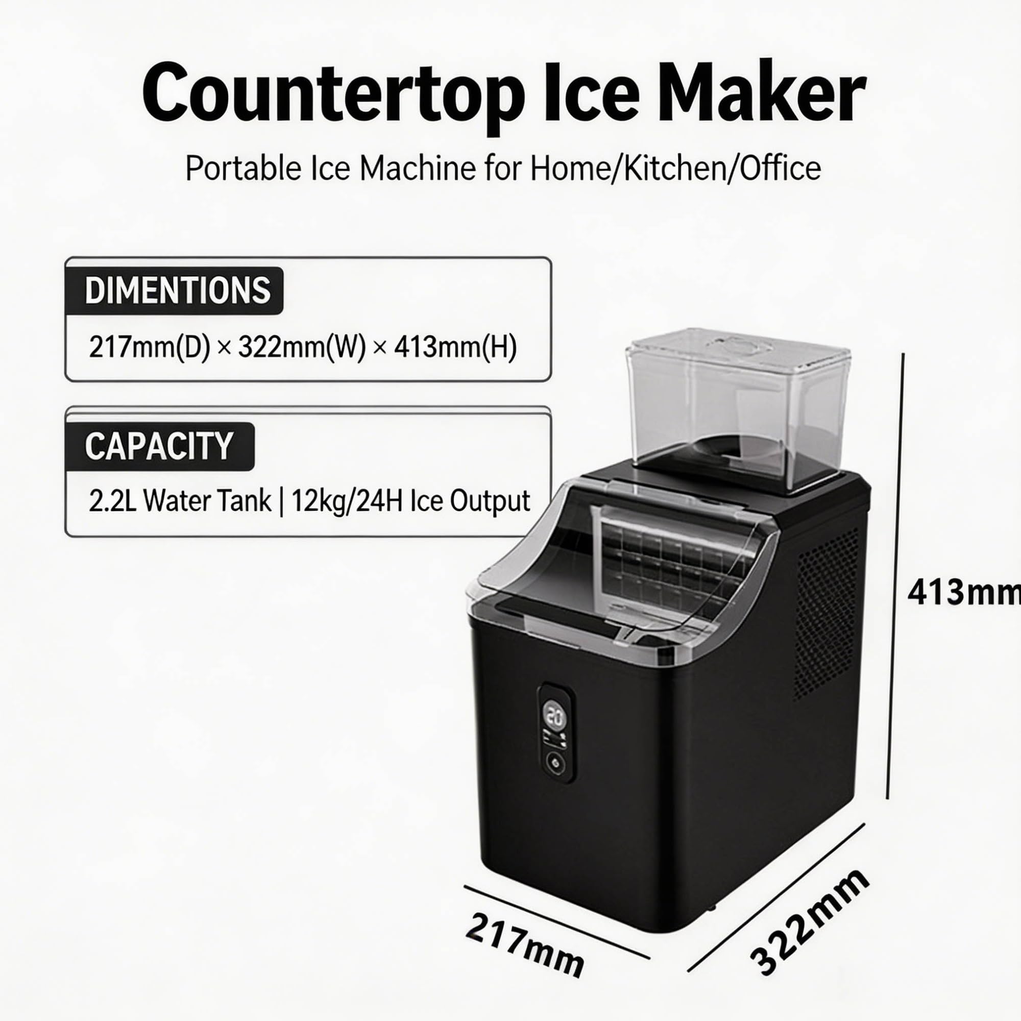 Máquina for hacer hielo en encimera: fabricación rápida de hielo en 8 minutos, producción diaria de 11,8 kg, 24 cubos cuadrados por lote, tanque de 1,6 l sin plomería