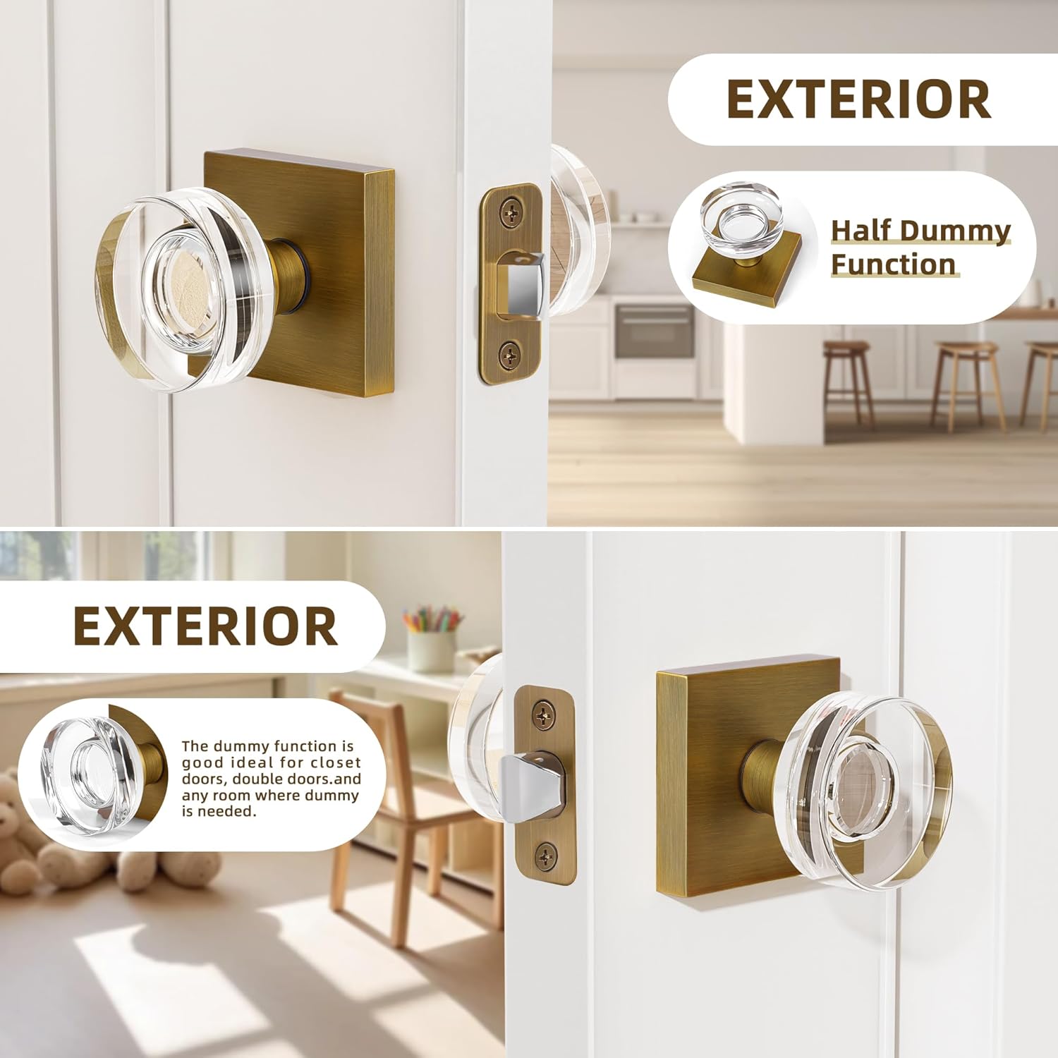 coolnews 4 Pack Antique Brass Door Knob Dummy Door Knobs Crystal Door Knobs Interior, Old Style Door Knob Square Glass Door Knob Antique Door Handle for Pantry Closet Bifold Door Knob