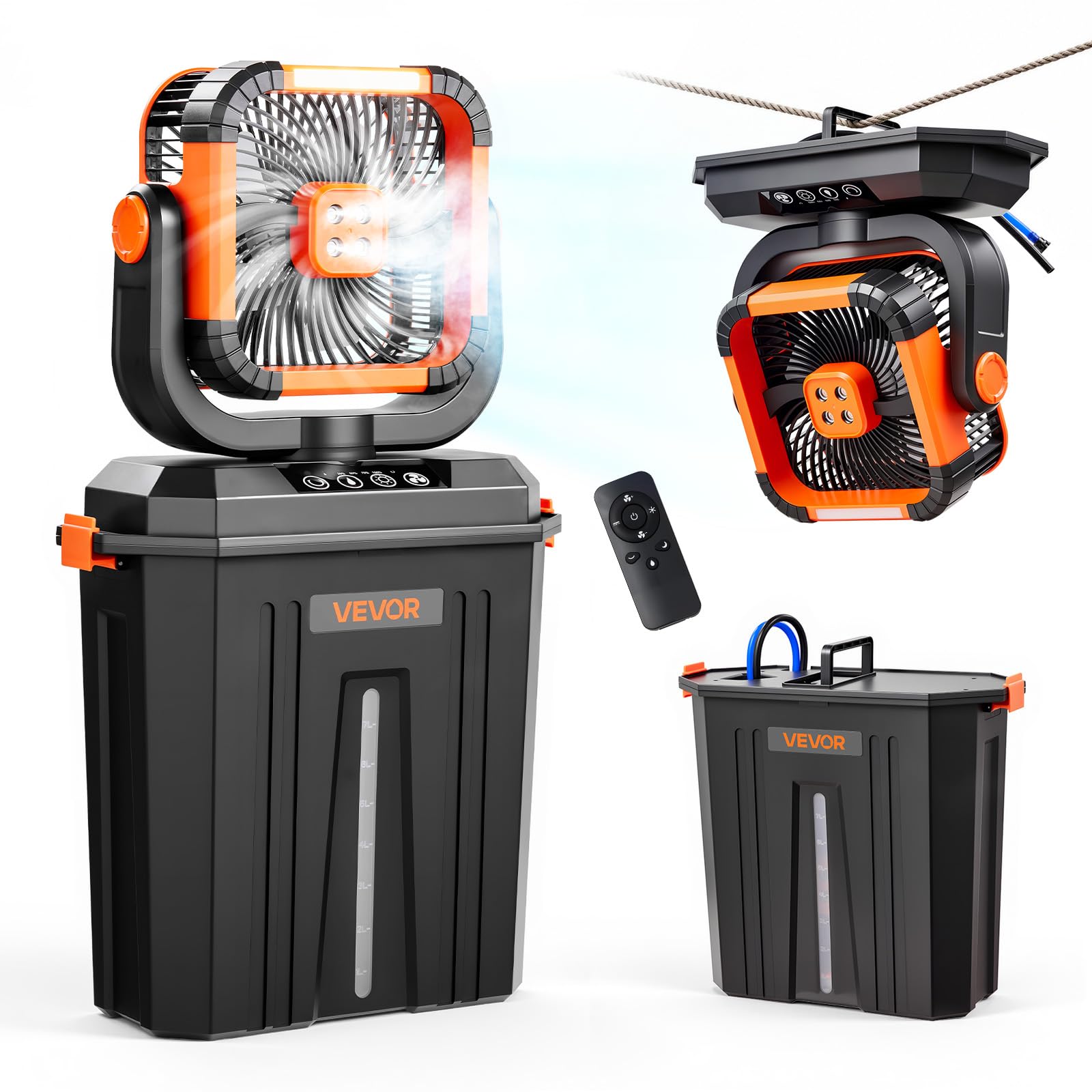 VEVOR Ventilateur Brumisateur sur Pied 2400 tr/​min Ventilateur Brumisateur pour Intérieur, Extérieur, Camping, avec Réservoir Eau 12 L, 4 Vitesses Ventilation, 3 Modes d'Éclairage, Batterie 20000 mAh