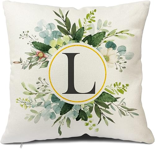 Snycler Fundas de almohada con monograma de letra L, floral, 18 x 18 pulgadas, almohadas de primavera verdes, fundas decorativas de verano,