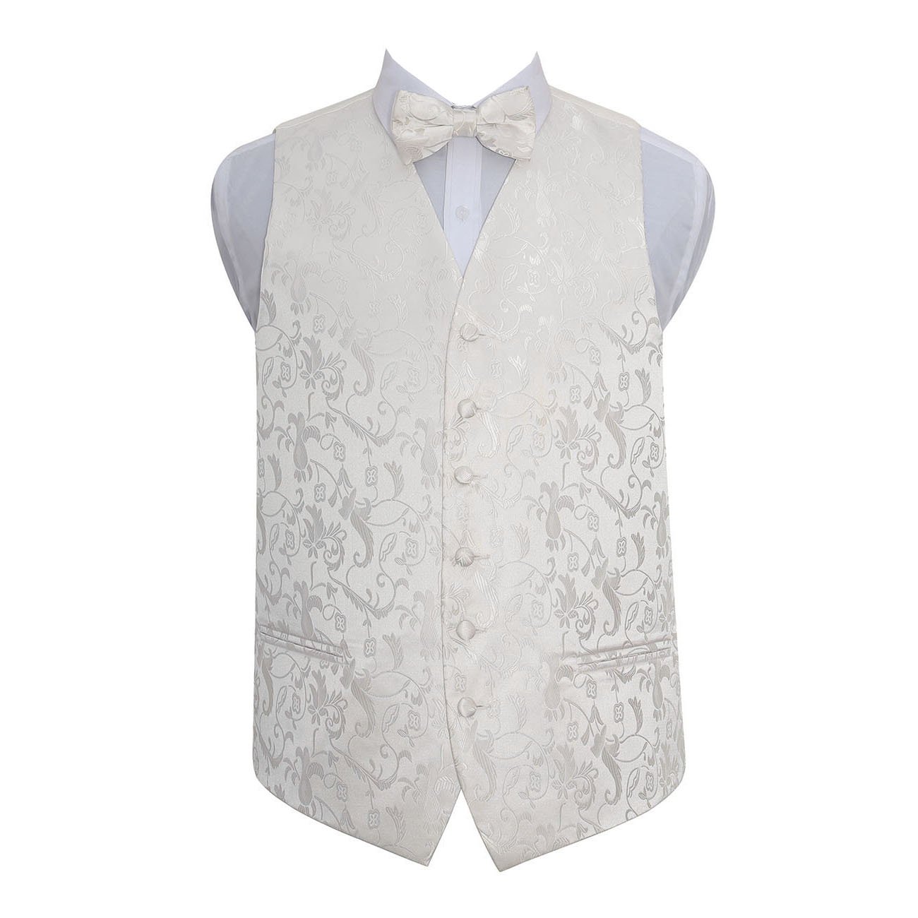 Dqt Men's Ivory Floral Passion Jacquard Waistcoat & Pre-Tied Bow Tie Set (2Pc) - Wedding, Business & Formal - 44" 2XL