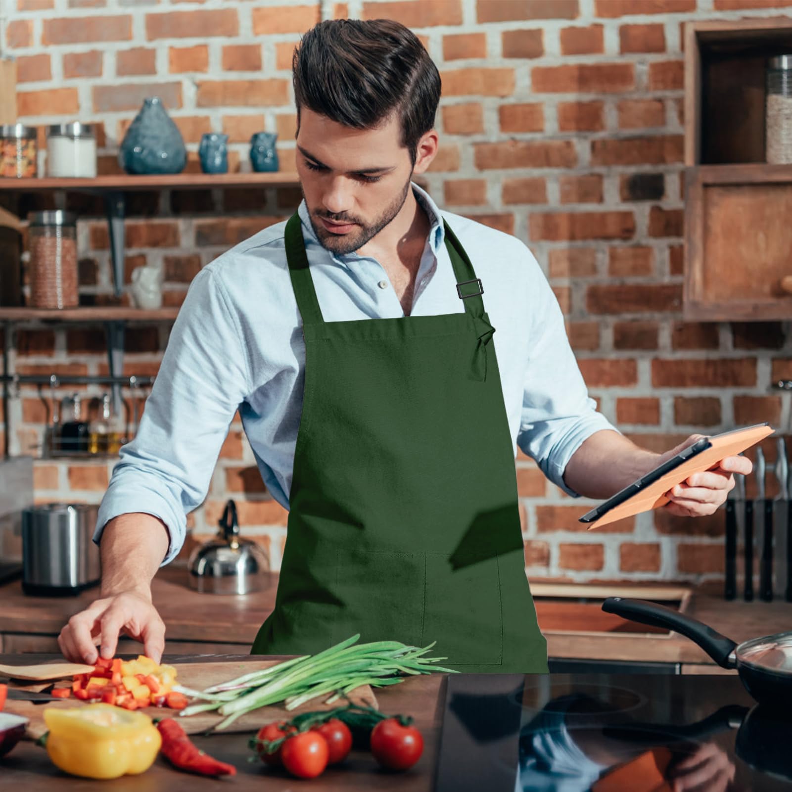 15 grembiuli per adulti, con tasche, regolabile, per donne e uomini, per pittura, cucina, artigianato (verde oliva, L)