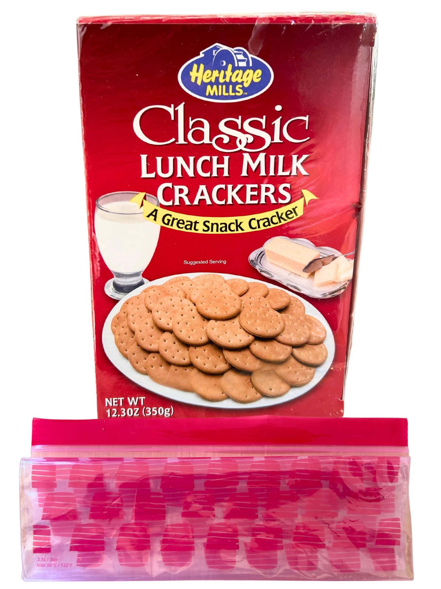 Classic Lunch Milk Crackers Bundle with (1) One 12.3oz Box of Heritage Mills Milk Crackers and (1) One 3qt (2.5L) Reusable Food Storage On The Go Snack Bag
