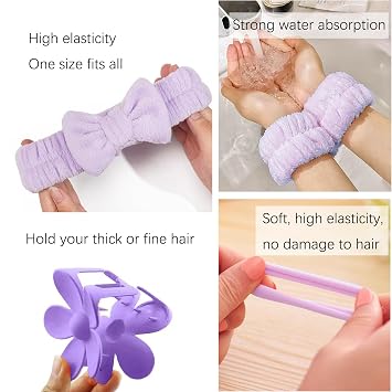 16Pcs Skincare Headhands Wristbands Hair Ties Set for Women Washing Face Hair Claw Clip Spa Makeup Hairband for Women Purple