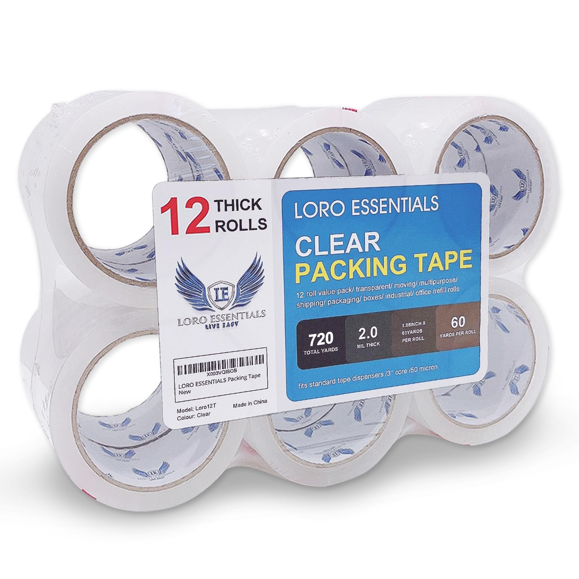 LORO ESSENTIALS Clear Packing Tape Heavy duty Packaging Tape for moving boxes, transparent tape refills, shipping tape 12 rolls, 720 Total Yards, 1.88 x 60 Yards 3