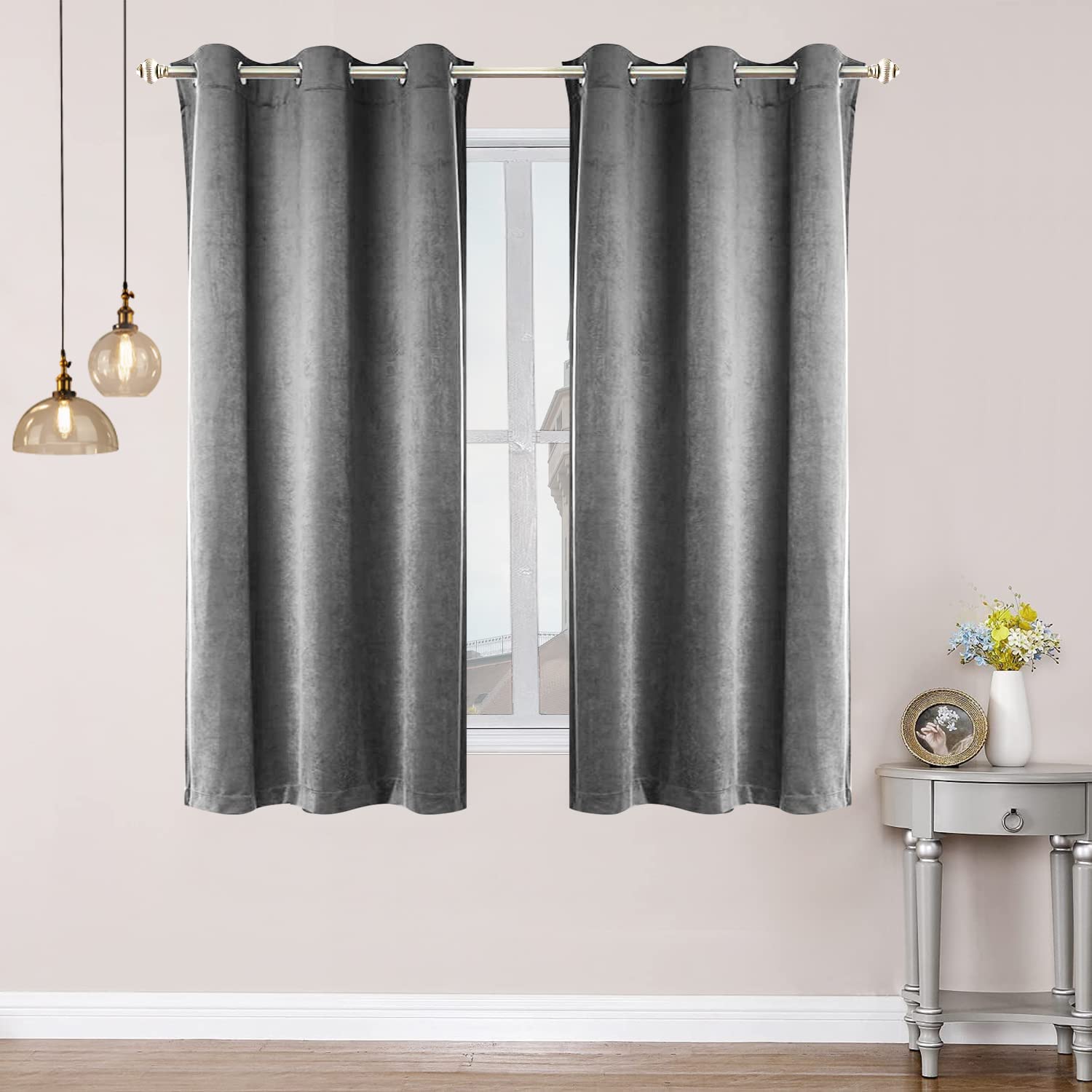 SMILETIME Grey 63in Room Darkening Velvet Curtains with Grommet