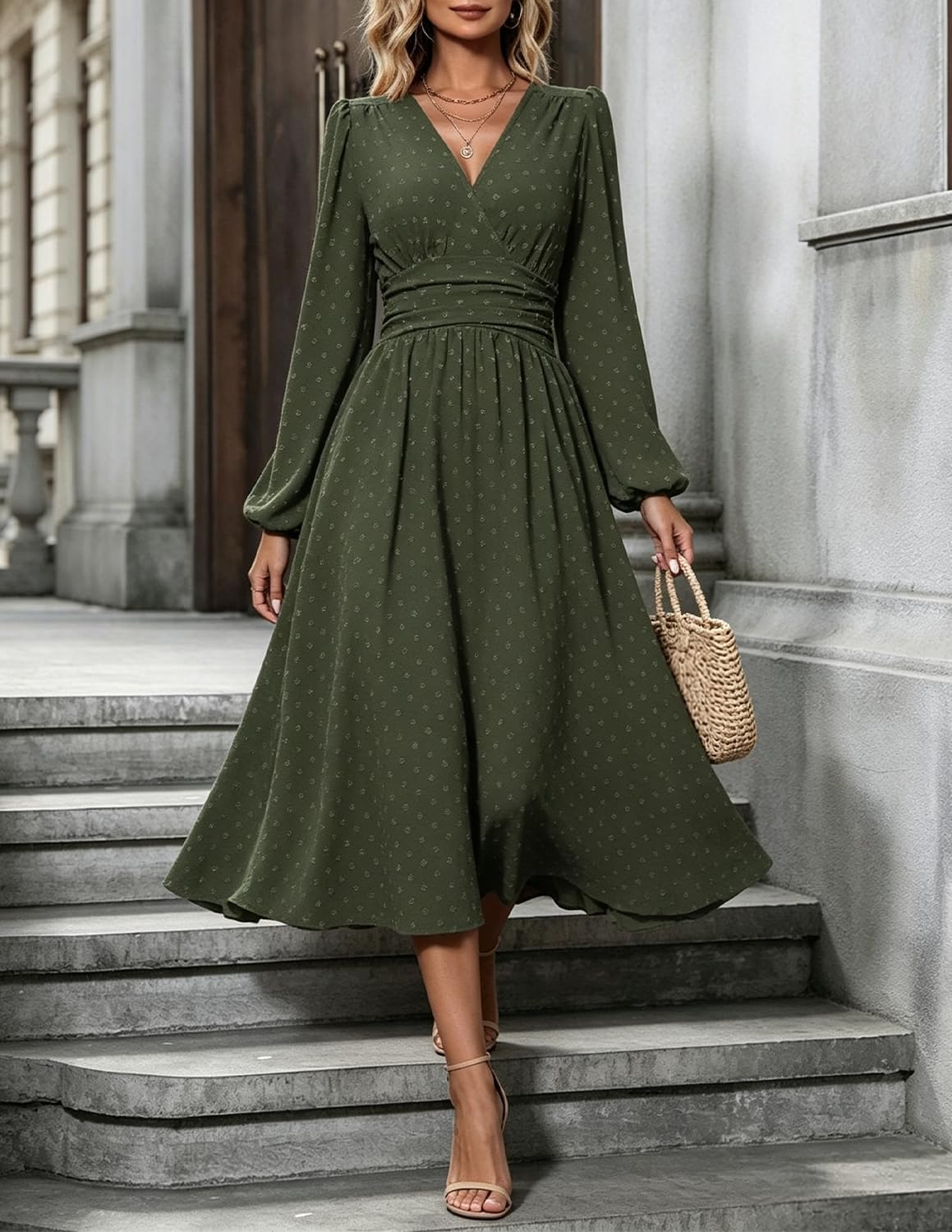 Damen Elegant Kleid Langarm V-Ausschnitt Freizeitkleider A-Linie Blumenmuster Wickelkleid Herbst Winter Laternenärmeln Kleid Partykleid Abendkleider
