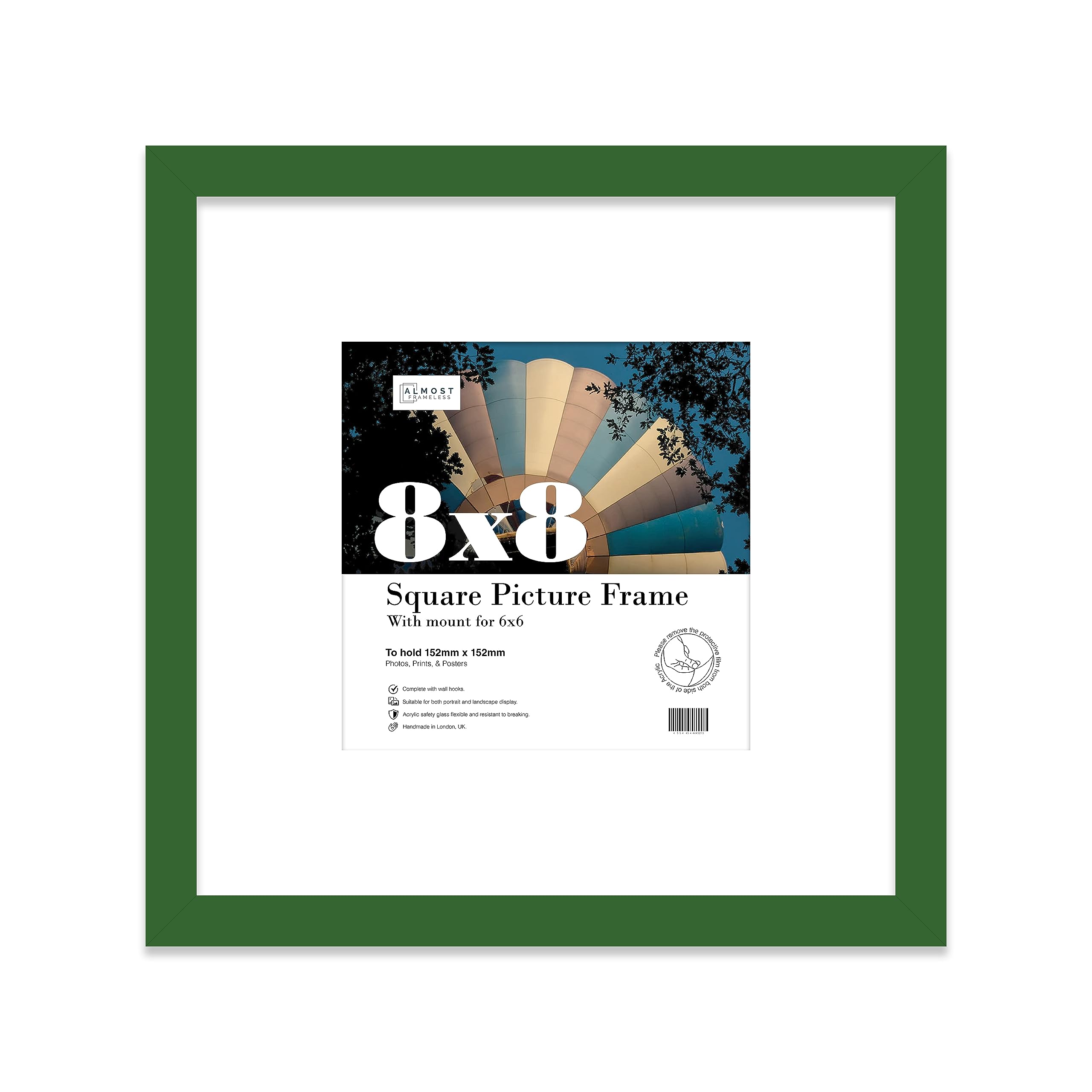 8x8 Green Picture Frame with Mount for 6x6 Photos, Prints - Modern Square Wall Frame, 1 Pack