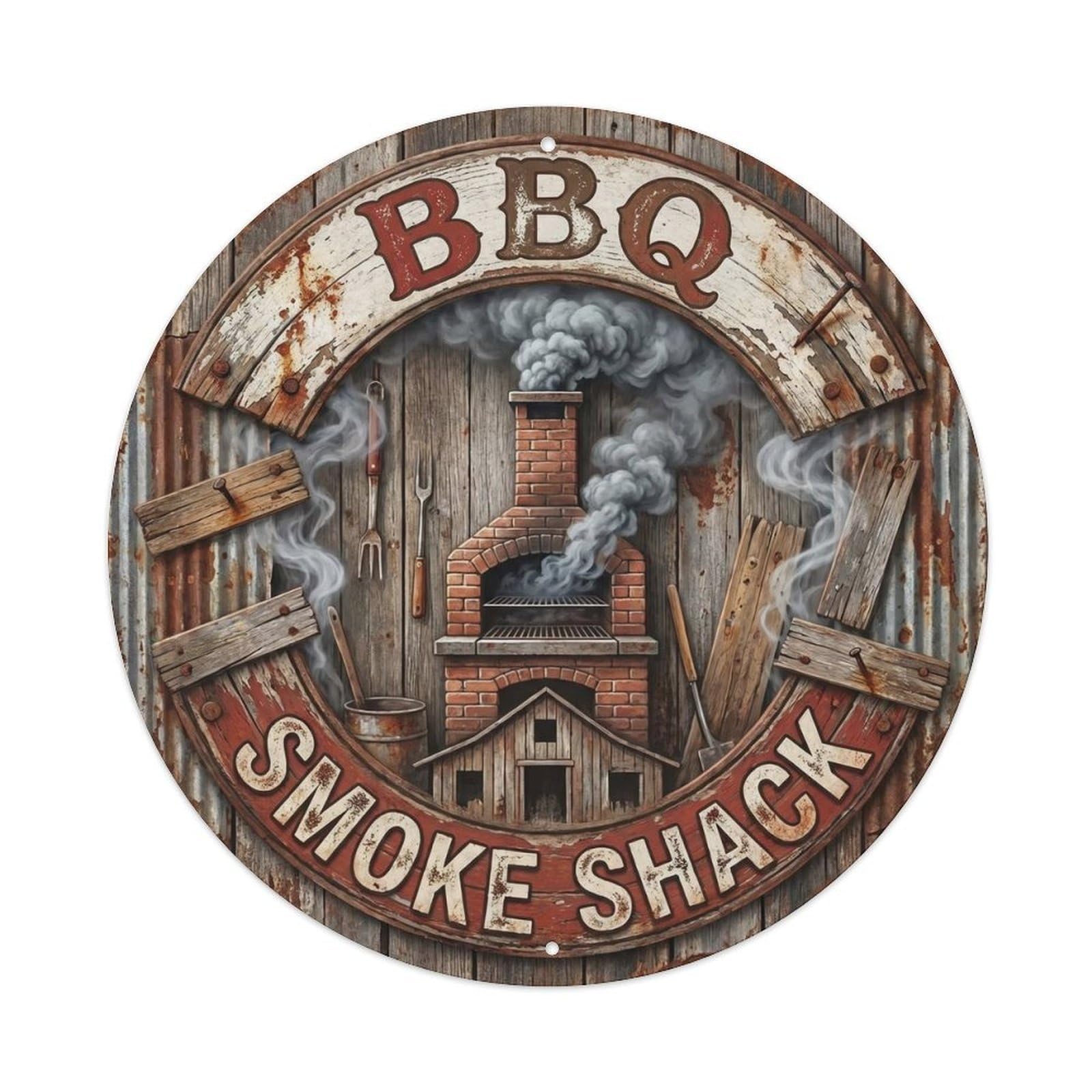 BBQ Barbecue Smoke Shack Vintage Metal Tin Sign Plaque Wall Decor for Cafe, Club, Garden Round Metal Poster 8x8Inch