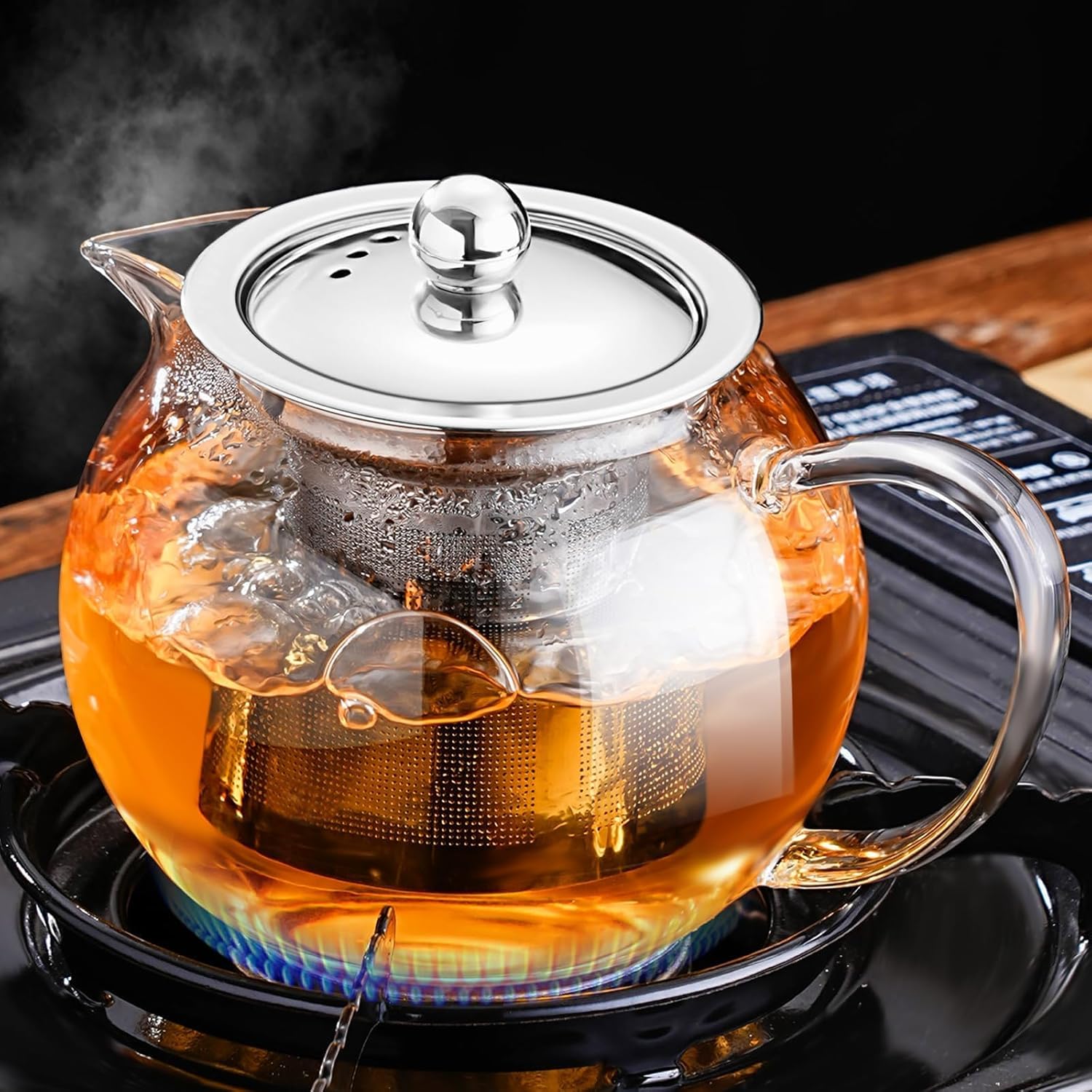 PARACITY Glass Teapot Stovetop 51OZ, Borosilicate Clear Tea Kettle with Removable 18/8 Stainless Steel Infuser, Teapot Blooming and Loose Leaf Tea Maker Tea Brewer (transparent, 51oz/1500ml)