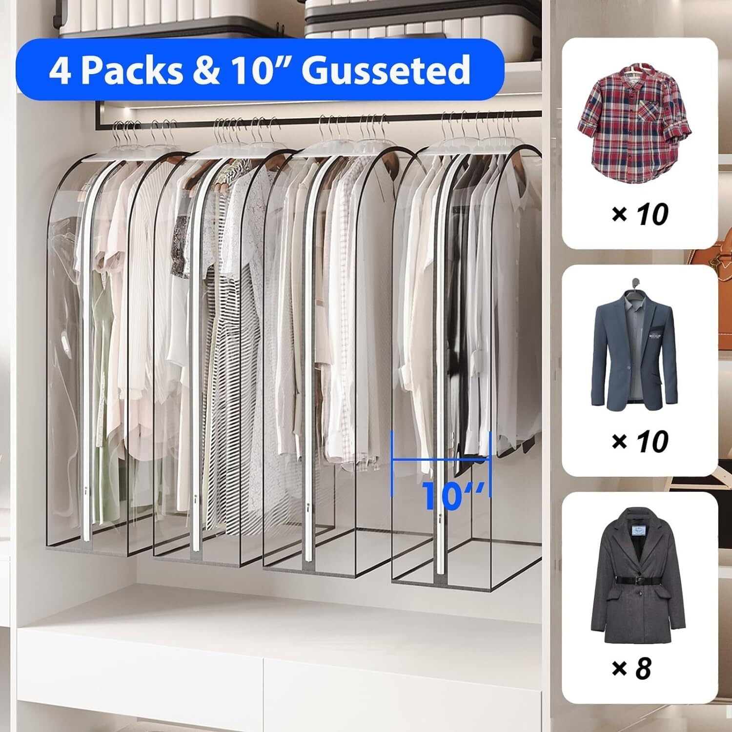 Portatrajes Funda Traje Paquete De 4 Bolsas Transparentes Para Ropa De 40 Pulgadas Para Colgar Ropa Con Bolsas De Traje Con Fuelle De 10 Pulgadas, Bolsa De Almacenamiento De Ropa Para Traje, Abrigo Y