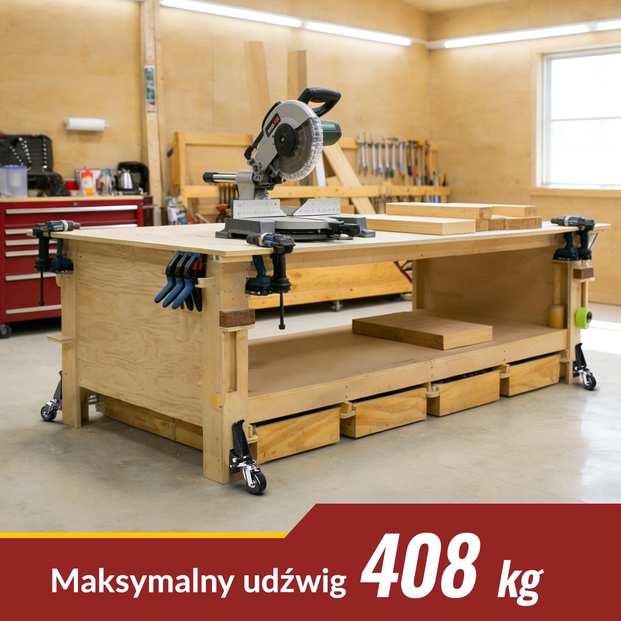 Zestaw 4 wytrzymałych kółek HOLKIE o udźwigu 408 kg – Opuszczane kółka transportowe do stołów warsztatowych i maszyn Wysokowydajne kółka obrotowe z płytą montażową do warsztatu i przemysłu
