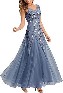 Women's Sequin V-Neck Formal Evening Dresses Cap Sleeves Maxi Mother of Bride Dress 02559