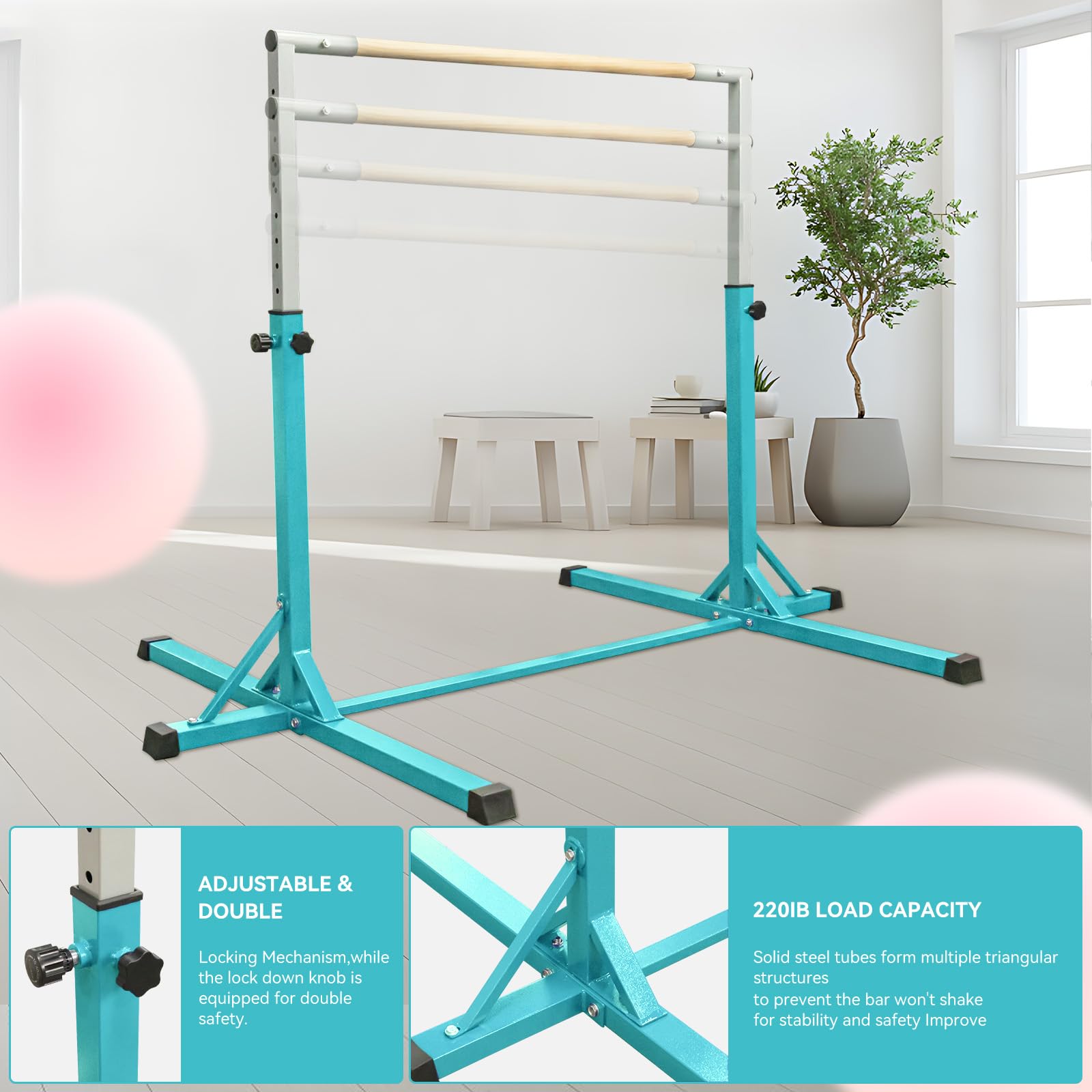 FBSPORT Gymnastikstange Für Kinder - 13-fach Höhenverstellbar Von 90-150cm Mit Gymnastikringen