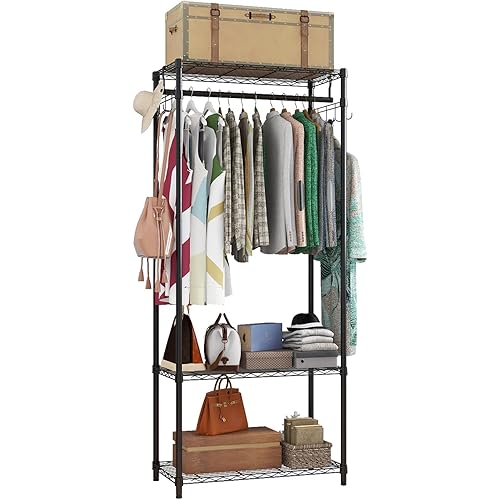 Xiofio 3 Tiers Heavy Duty Garment Rack, Metal Clothing Rack Coat Rack, Clothing Storage Organizer, Clothes Rack with 2 Side Hooks,Hanging Adjustable Garment Rack,29.1" L x 15.7" W x 76.3" H,Black