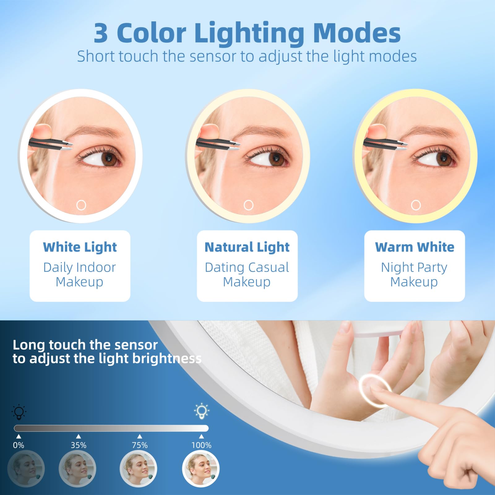 Specchio ingranditore 30x con luce, grande 15cm 3 colori che oscurano lo specchio illuminato 30x con ventose, specchio d'ingrandimento da viaggio x30 specchio per il trucco ad alto ingrandimento