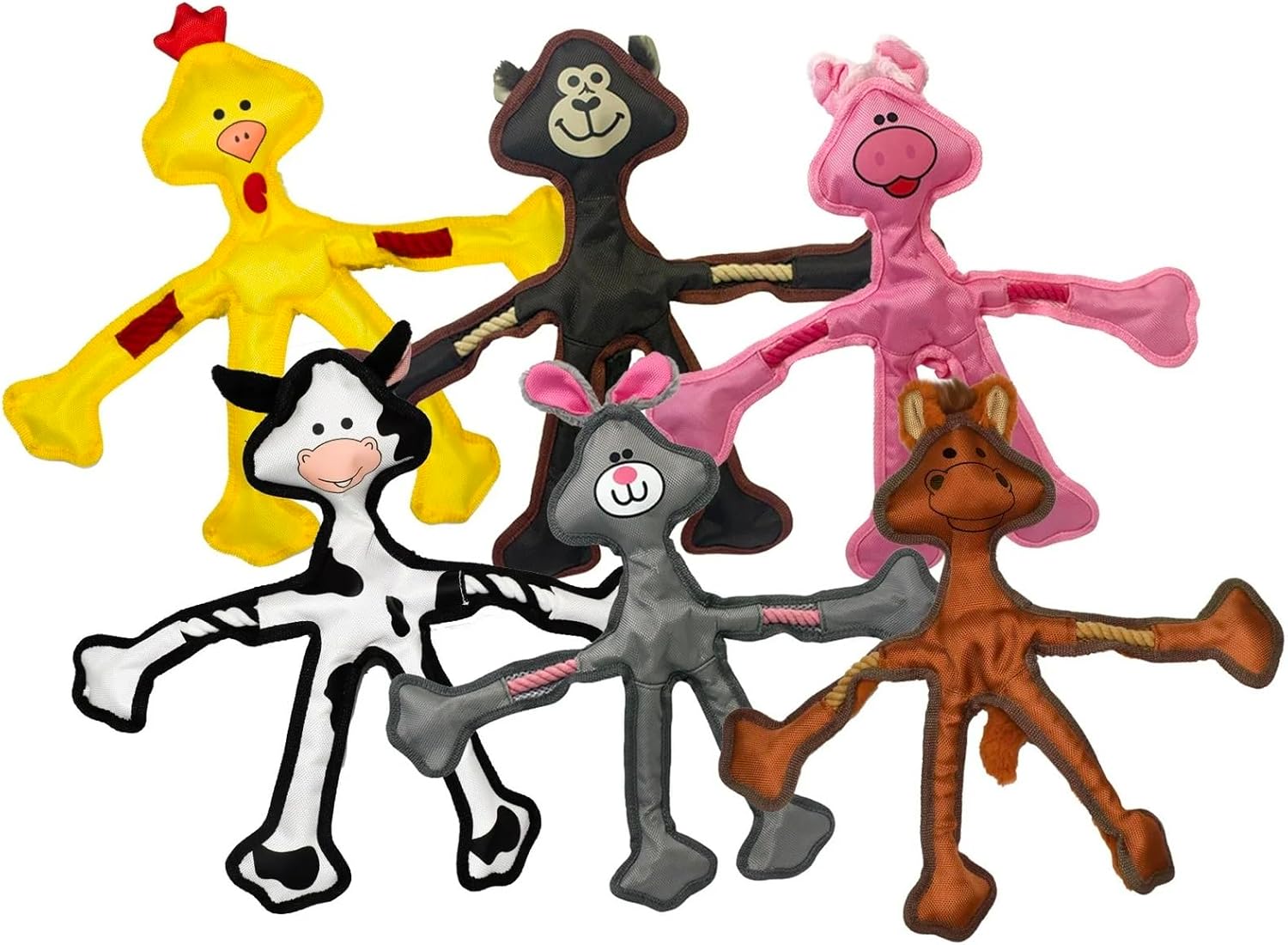 Durable Dog Toys Nylon with Rope Skeleton and Squeaker 15" Long Cute Animals (Full Set - All 6 Toys)